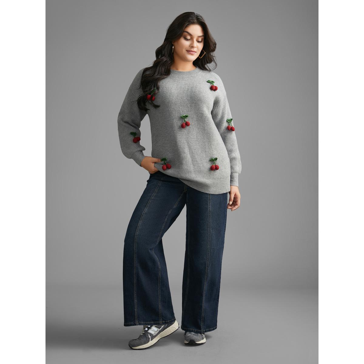 Plus Size Supersoft Essentials Stereo Cherry Design Pullover Mediumgray Women Casual Loose Long Sleeve Round Neck Everyday Pullovers BloomChic 28/5X Product Image