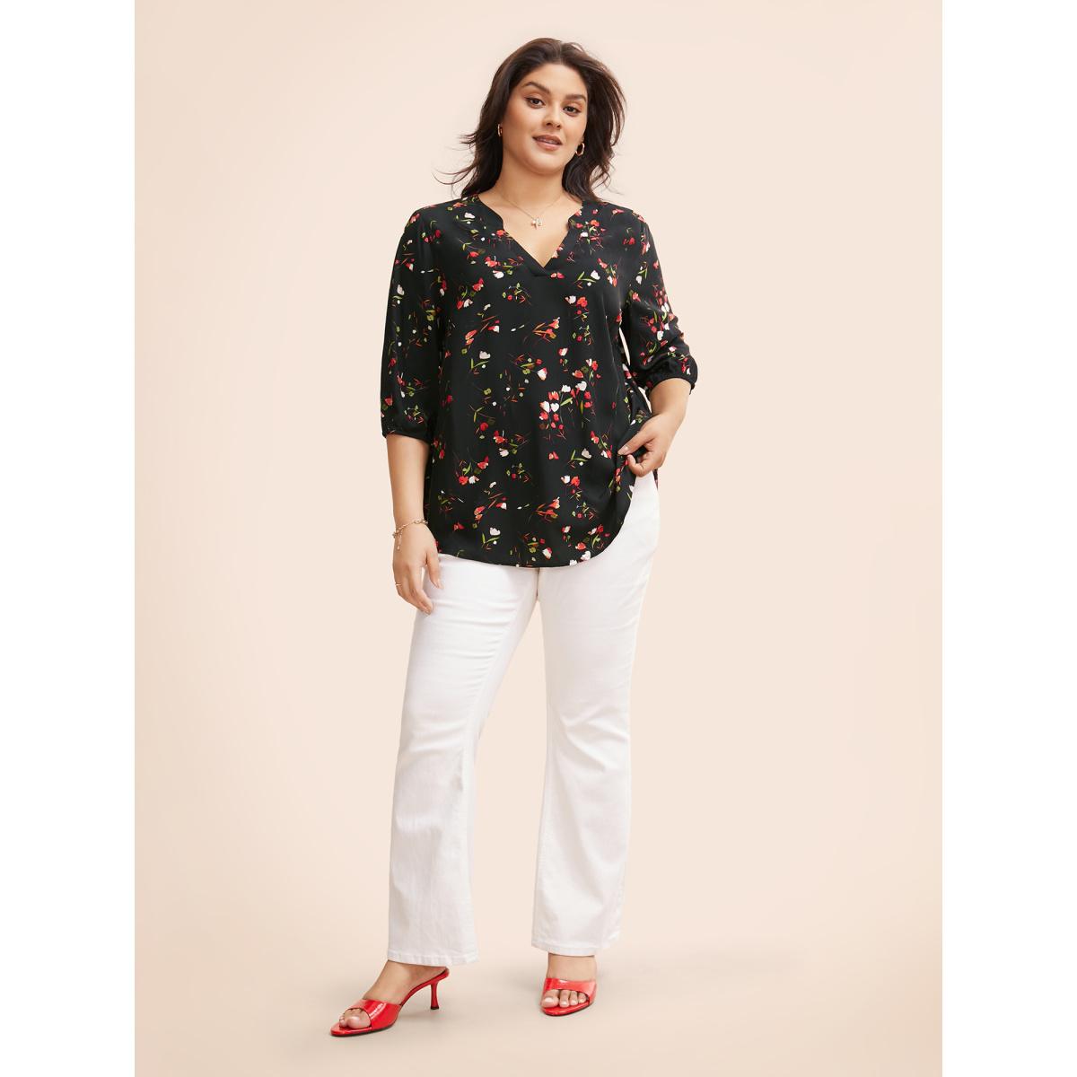 Plus Size Black Floral Notched Pleated Lantern Sleeve Blouse Women Elegant Elbow-length sleeve Flat collar with V-notch Everyday Blouses BloomChic 12/L Product Image