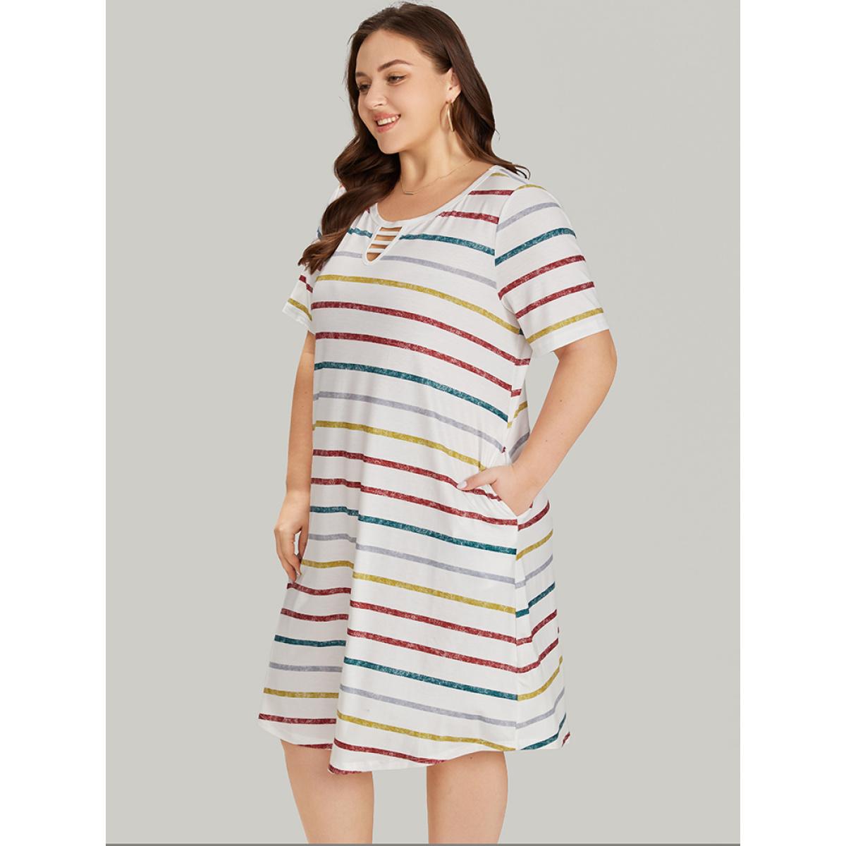 Plus Size Colour Striped Print Pocket Keyhole Arc Hem Dress Multicolor Women Casual Arc Hem Keyhole Cut-Out Short sleeve Curvy Knee Dress BloomChic 10/M Product Image
