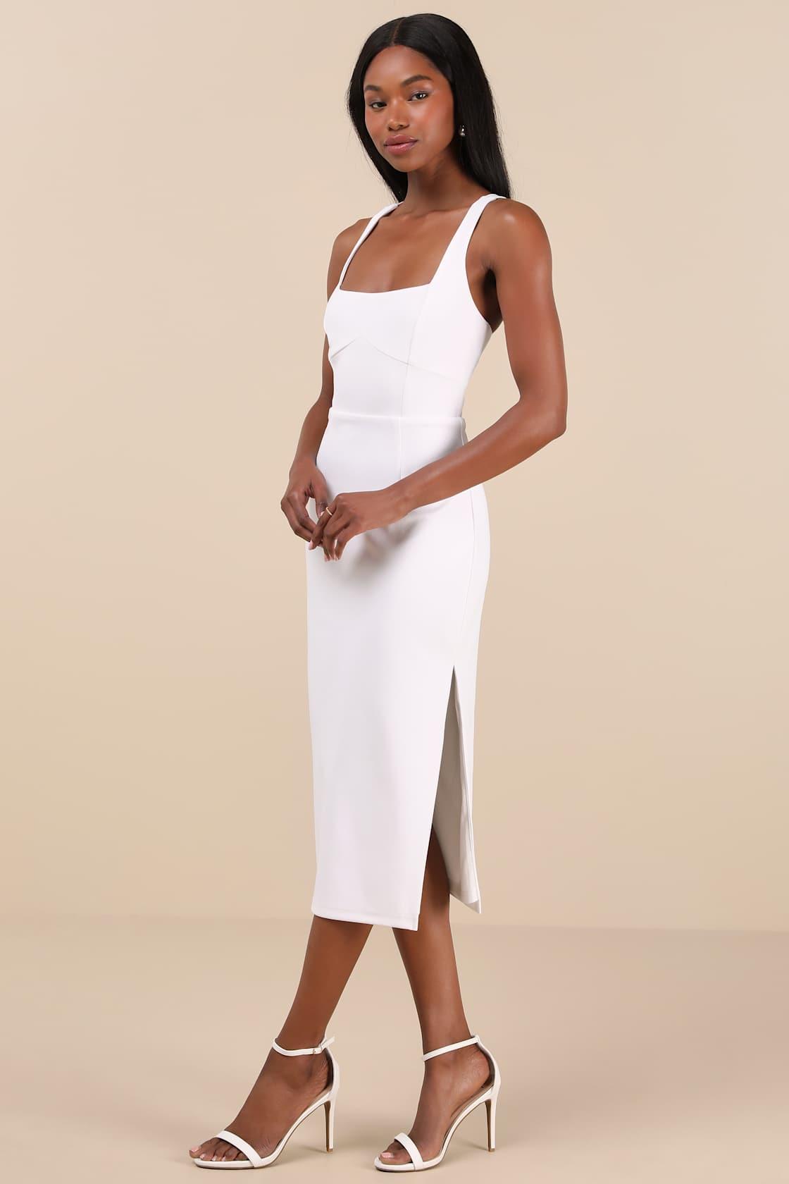 Vibrant Allure White Square Neck Sleeveless Bodycon Midi Dress Product Image