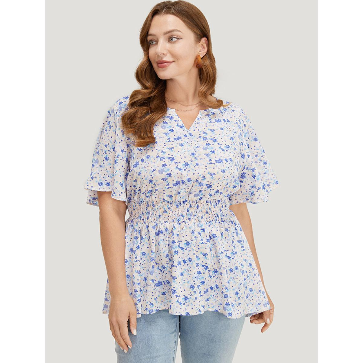 Plus Size MistyRose Ditsy Floral Notched Shirred Flutter Sleeve Blouse Women Elegant Short sleeve Notched collar Dailywear Blouses BloomChic 18-20/2X Product Image