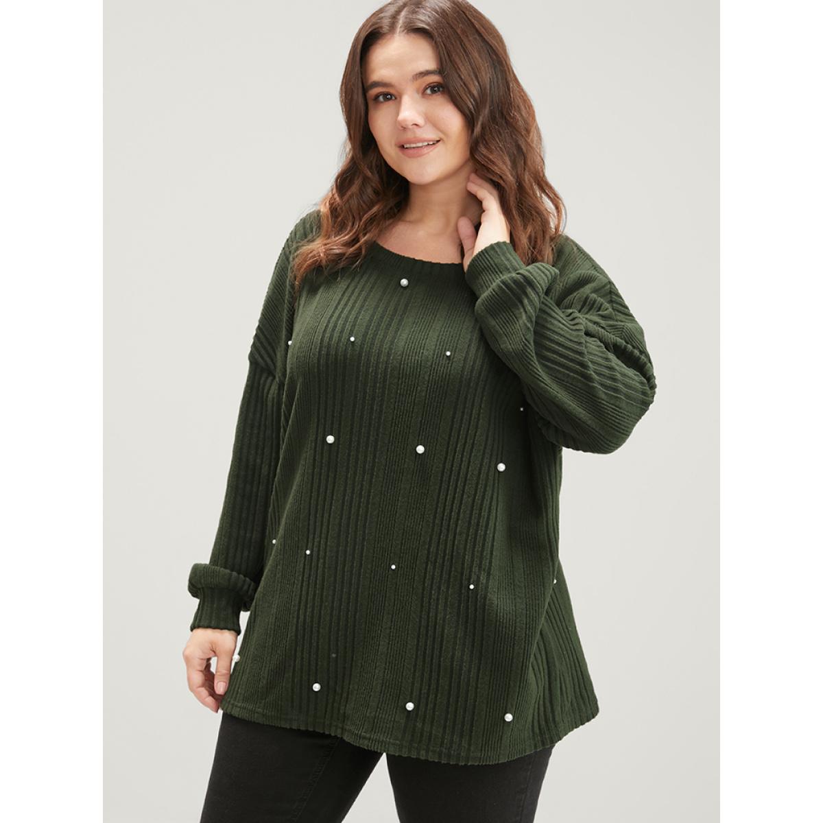 Plus Size Solid Round Neck Pearls Beaded Rib Knit Sweatshirt Women DarkGreen Casual Beaded Round Neck Dailywear Sweatshirts BloomChic 28/5X Product Image