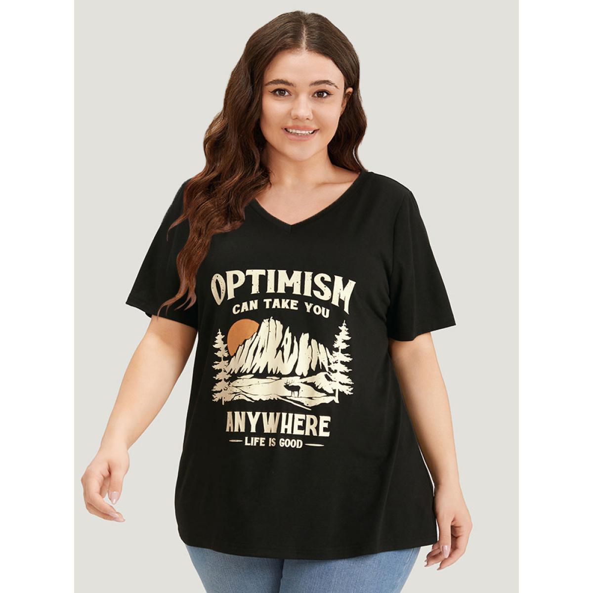 Plus Size Landscape & Letter Print V Neck T-shirt Black Women Casual Printed Landscape Dailywear T-shirts BloomChic 30/6X Product Image