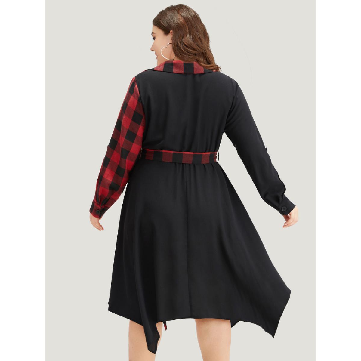 Plus Size Plaid Patchwork Belted Hanky Hem Dress Black Women Casual Belted V-neck Long Sleeve Curvy Midi Dress BloomChic 12/L Product Image