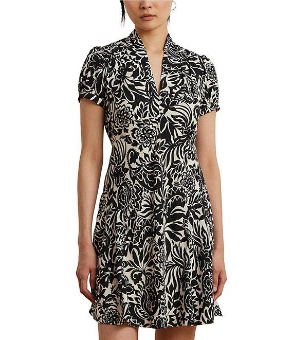 Lauren Ralph Lauren Petite Size Smooth Crepe de Chine Embroidered Floral Deep V-Neck Short Sleeve Empire Waist Dress Product Image