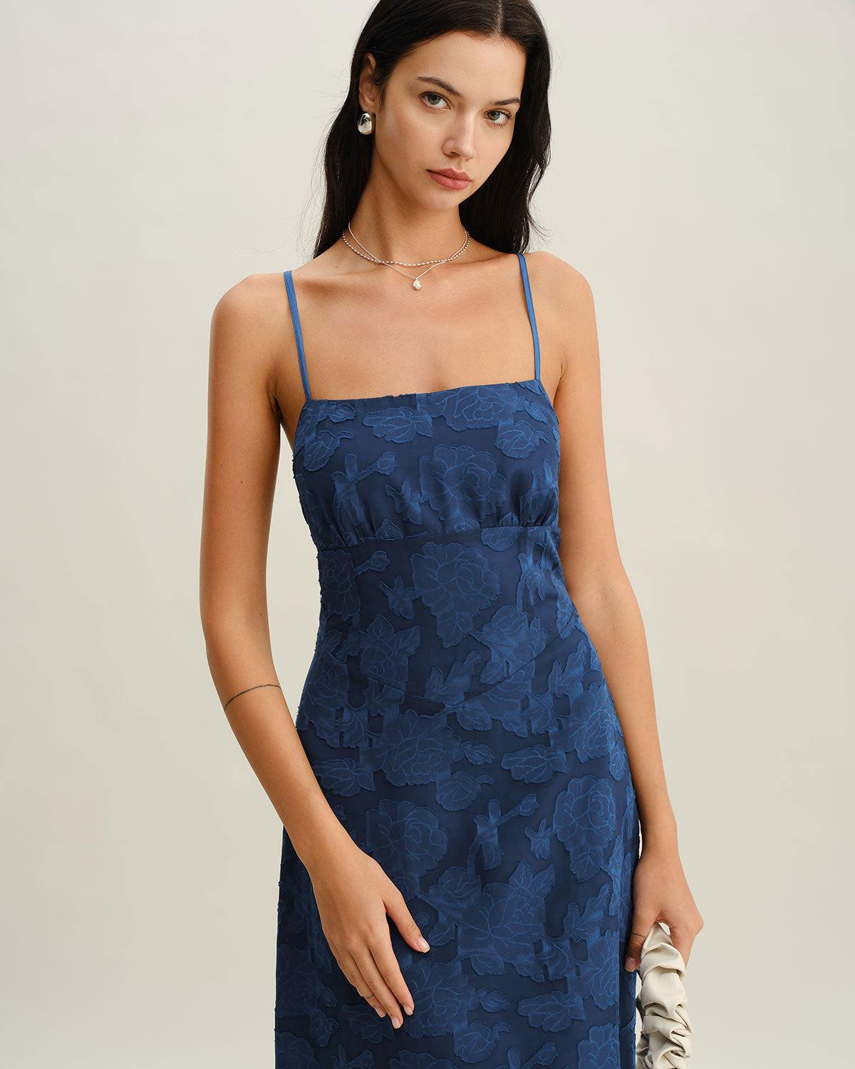 Navy Jacquard Slip Backless Maxi Dress Product Image