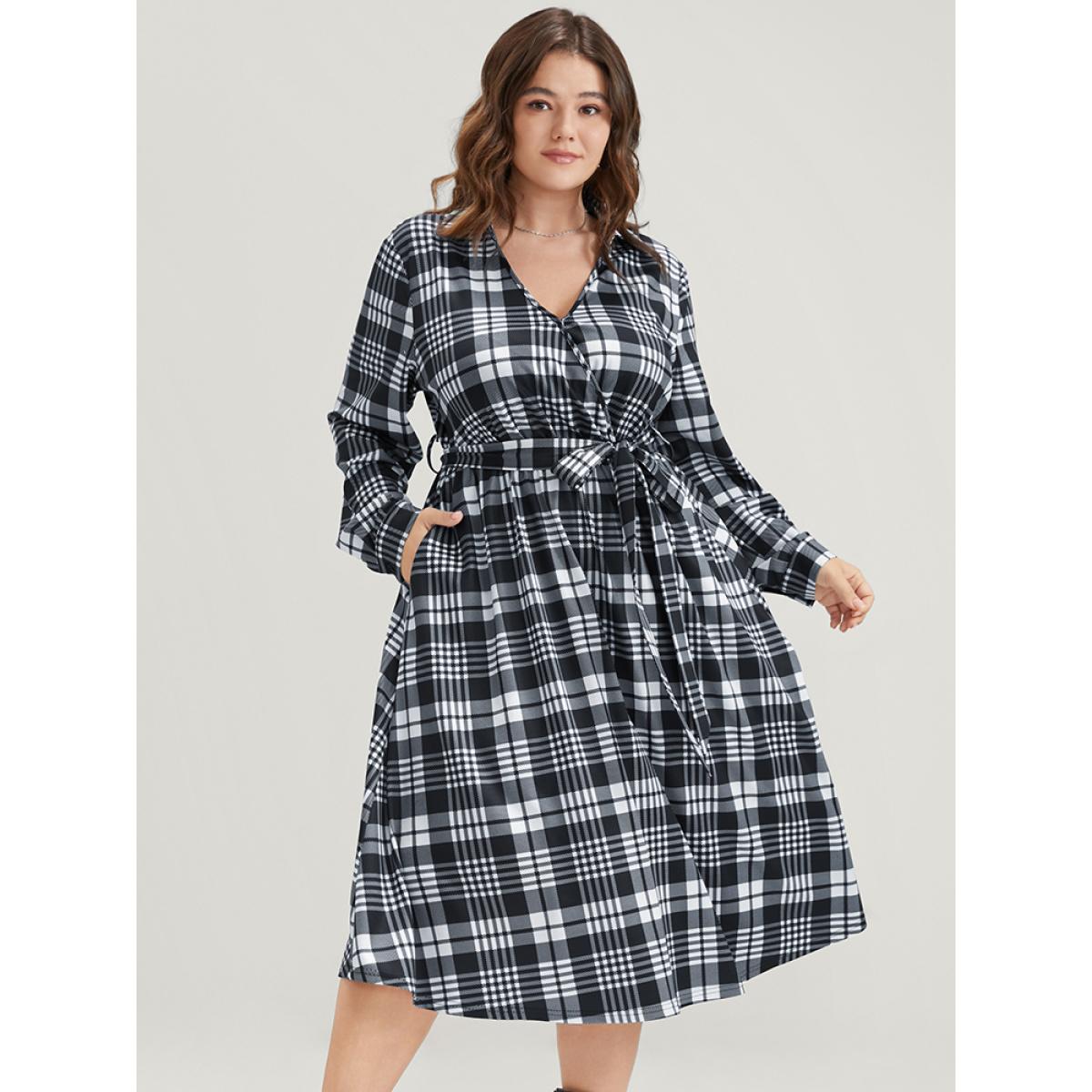 Plus Size Plaid Surplice Neck Lantern Sleeve Pocket Belt Midi Dress Black Women At the Office Elastic Waist V-neck Long Sleeve Curvy Midi Dress BloomChic 12/L Product Image