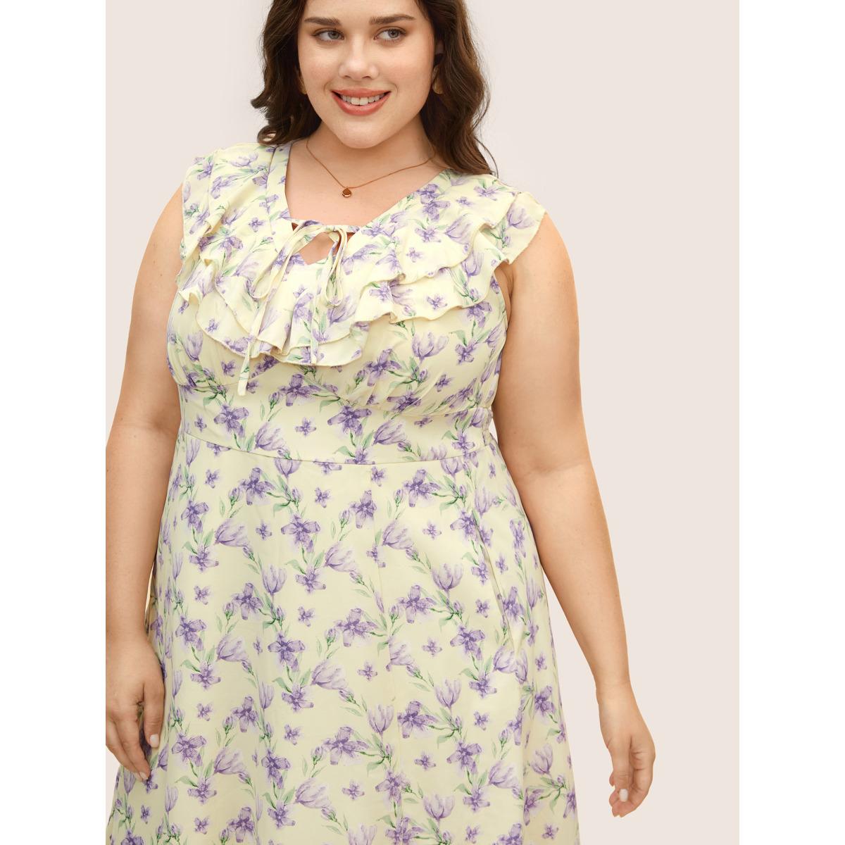 Plus Size Floral Ruffles Shirred Sleeveless Midi Dress Apricot Women Elegant Cross straps V-neck Sleeveless Curvy BloomChic 28/5X Product Image