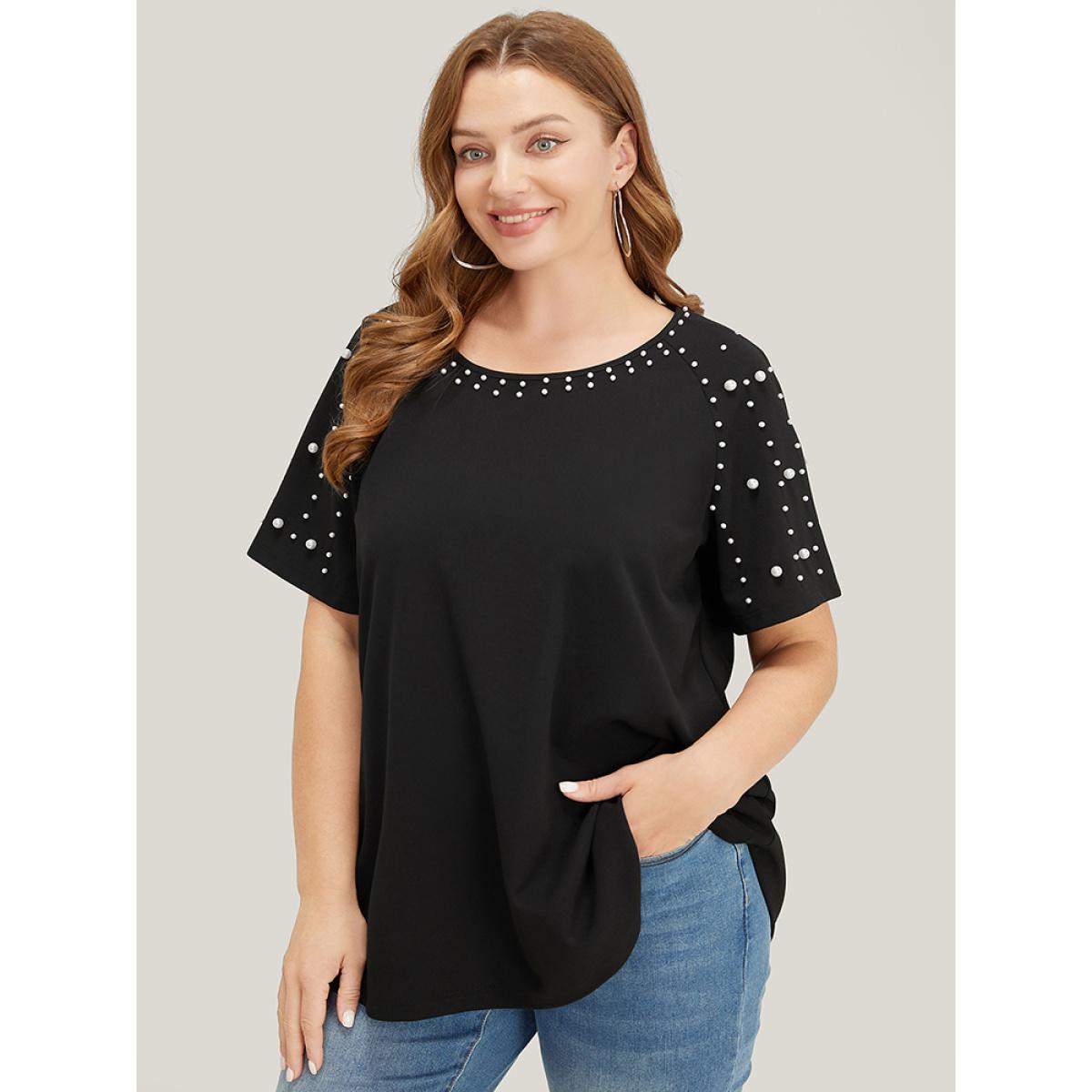 Plus Size Solid Raglan Sleeve Pearl Beaded T-shirt Black Women Elegant Beaded Plain Round Neck Dailywear T-shirts BloomChic 12/L Product Image