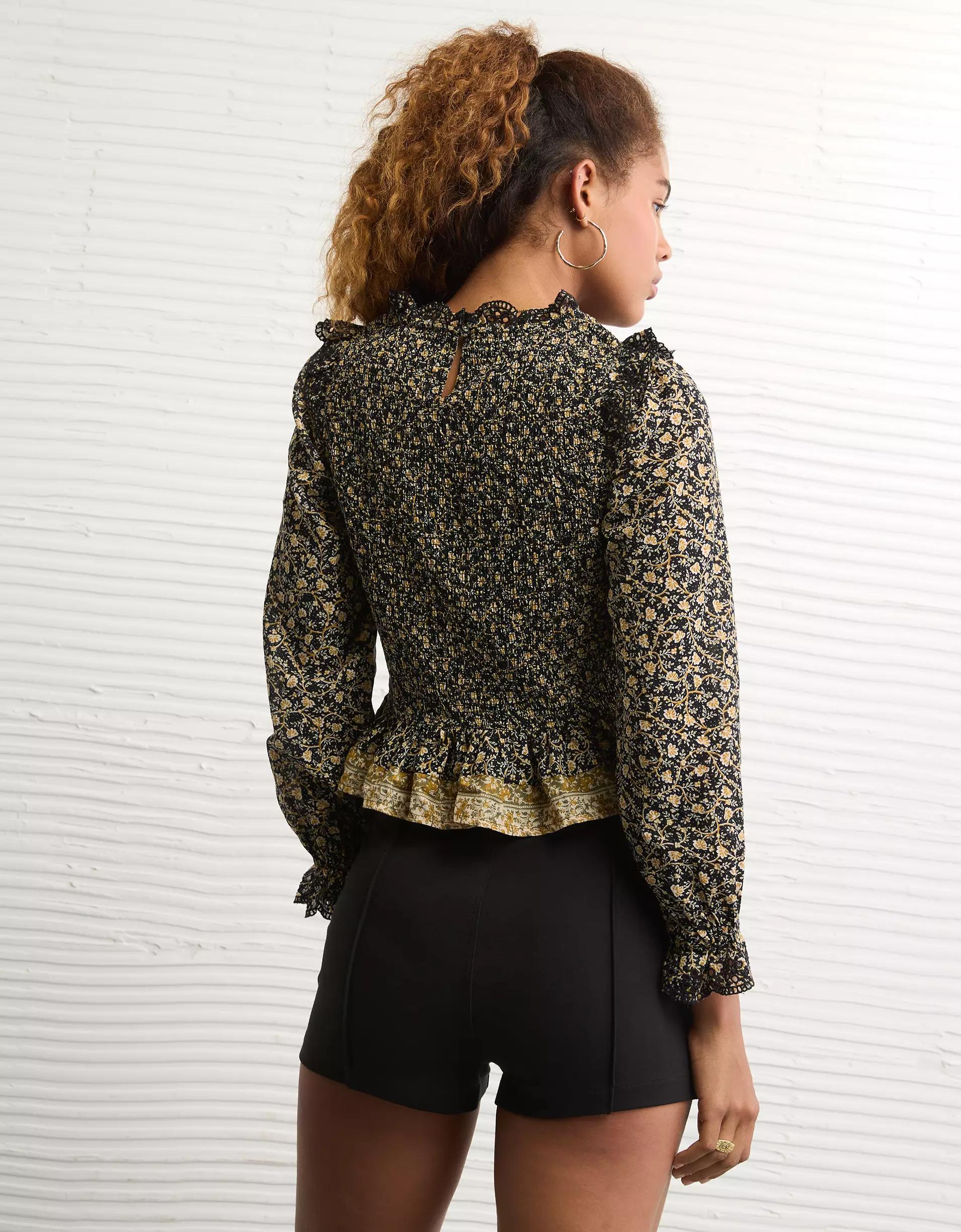 AE Long Sleeve Smocked Babydoll Blouse Product Image