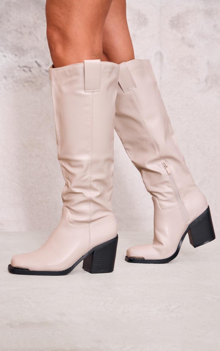 Beige Pu Square Toe Knee High Block Heeled Western Boots Product Image