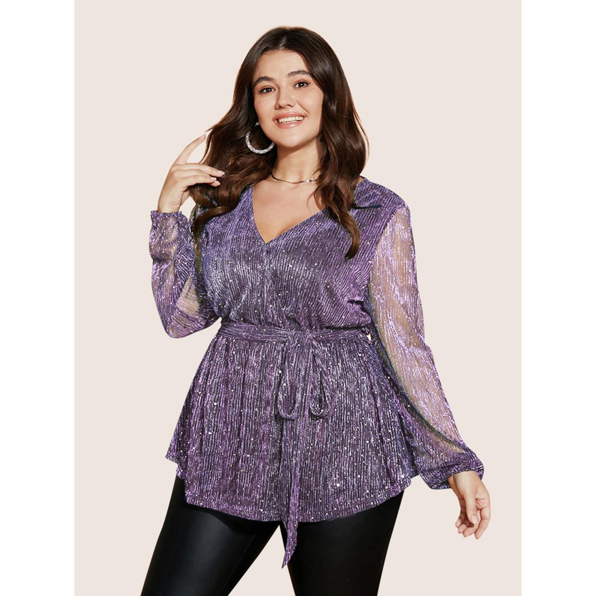 Plus Size Lilac Sequin Mesh Lantern Sleeve Wrap Belted Striped Blouse Women Party&Cocktail Long Sleeve Overlap Collar Party Blouses BloomChic 10/M Product Image