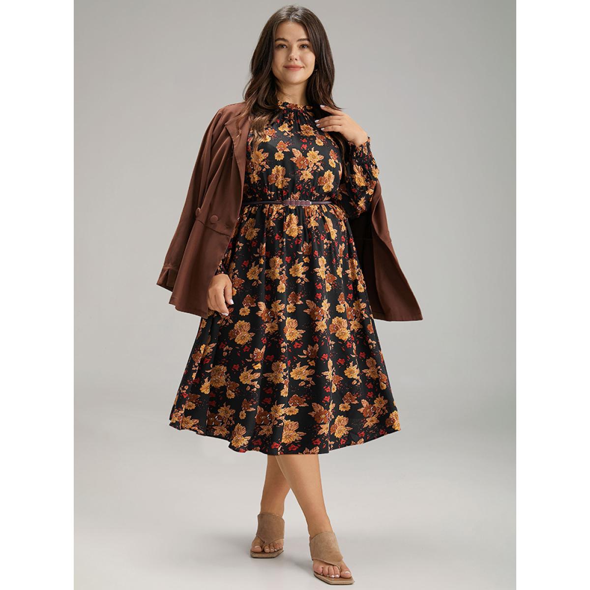 Plus Size Supersoft Essentials Floral Print Mock Neck Dress Black Women Elegant Printed Mock Neck Long Sleeve Curvy Midi Dress BloomChic 28/5X Product Image