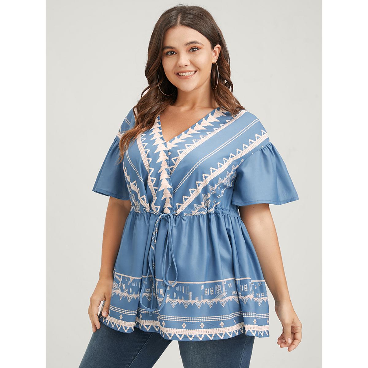 Plus Size LightBlue Bandana Ruffles Button Flutter Ties Wrap Blouse Women Elegant Short sleeve V-neck Dailywear Blouses BloomChic 10/M Product Image