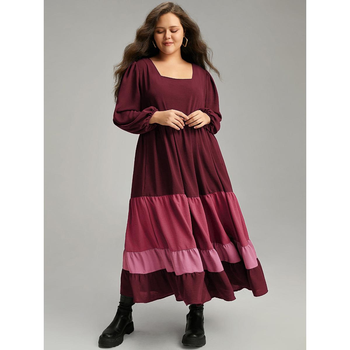 Plus Size Colorblock Contrast Square Neck Ruffle Layered Hem Dress Scarlet Women Casual Elastic cuffs Square Neck Long Sleeve Curvy Long Dress BloomChic 10/M Product Image