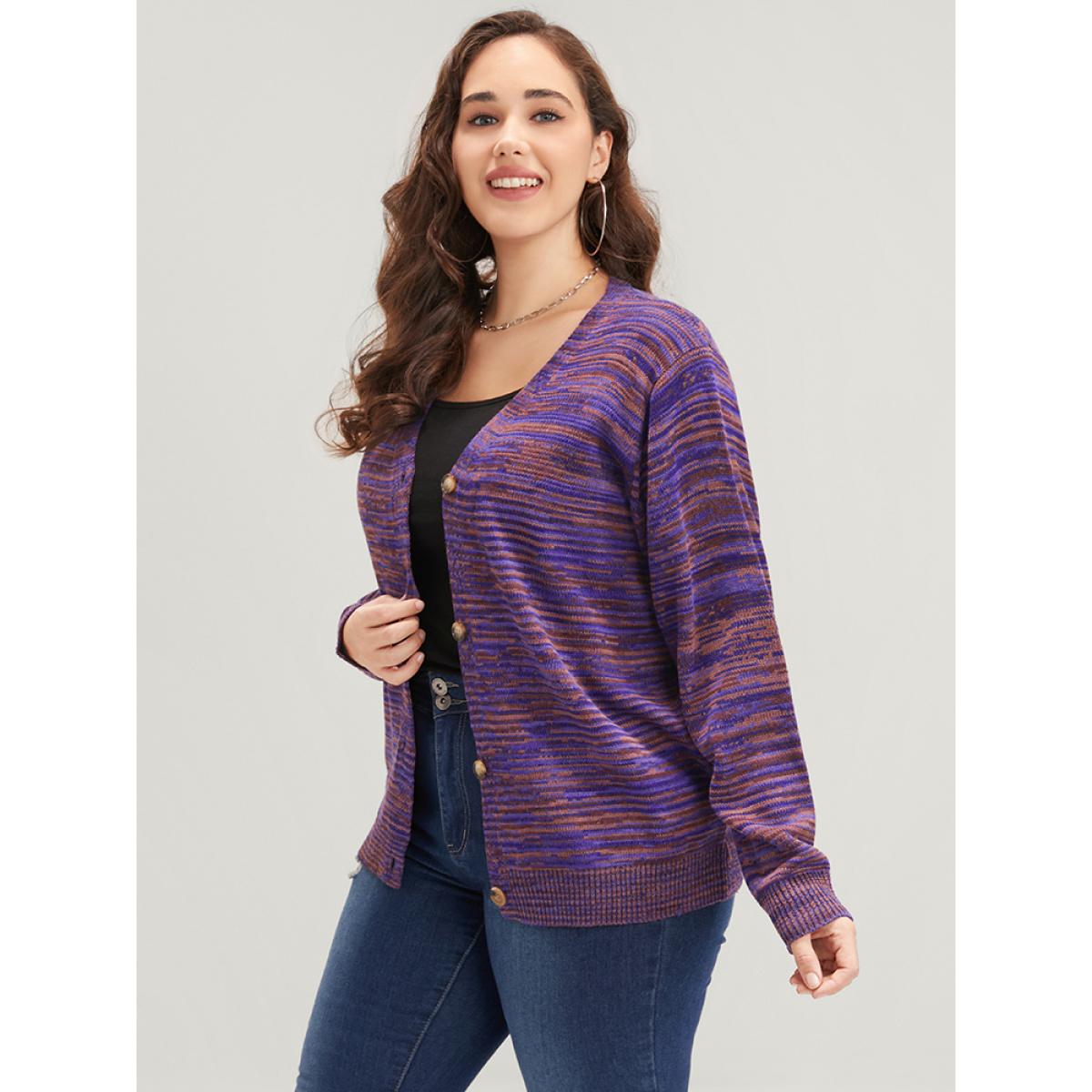 Plus Size Space Dye Pointelle Knit Button Front Heather Cardigan Eggplant Women Casual Loose Long Sleeve Dailywear Cardigans BloomChic 14-16/1X Product Image