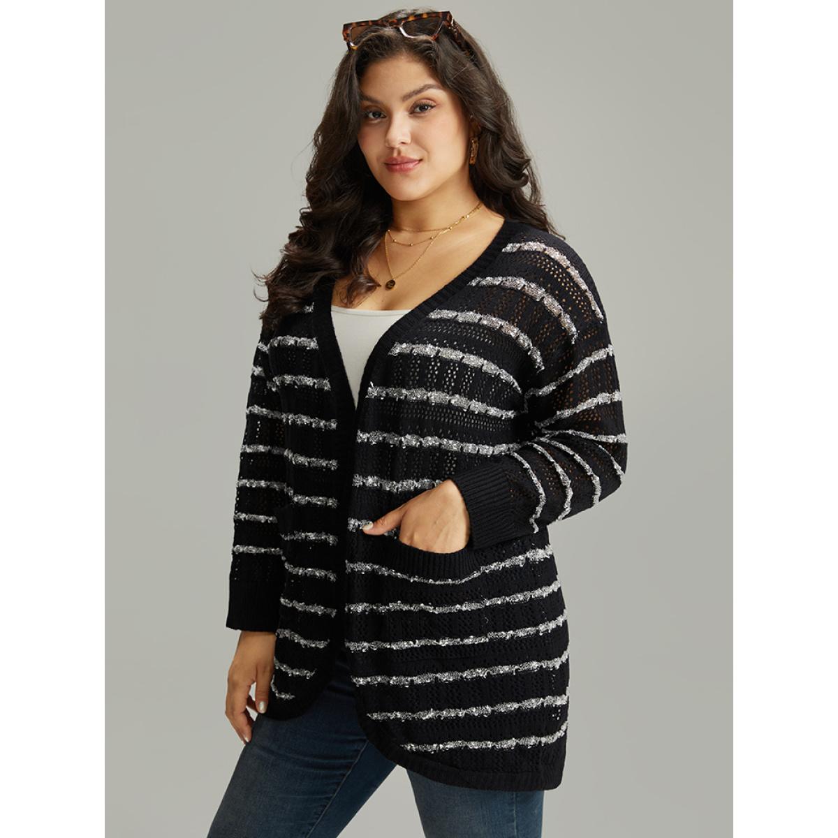 Plus Size Striped Eyelet Curved Hem Patched Pocket Cardigan Black Women Casual Loose Long Sleeve Dailywear Cardigans BloomChic 30/6X Product Image