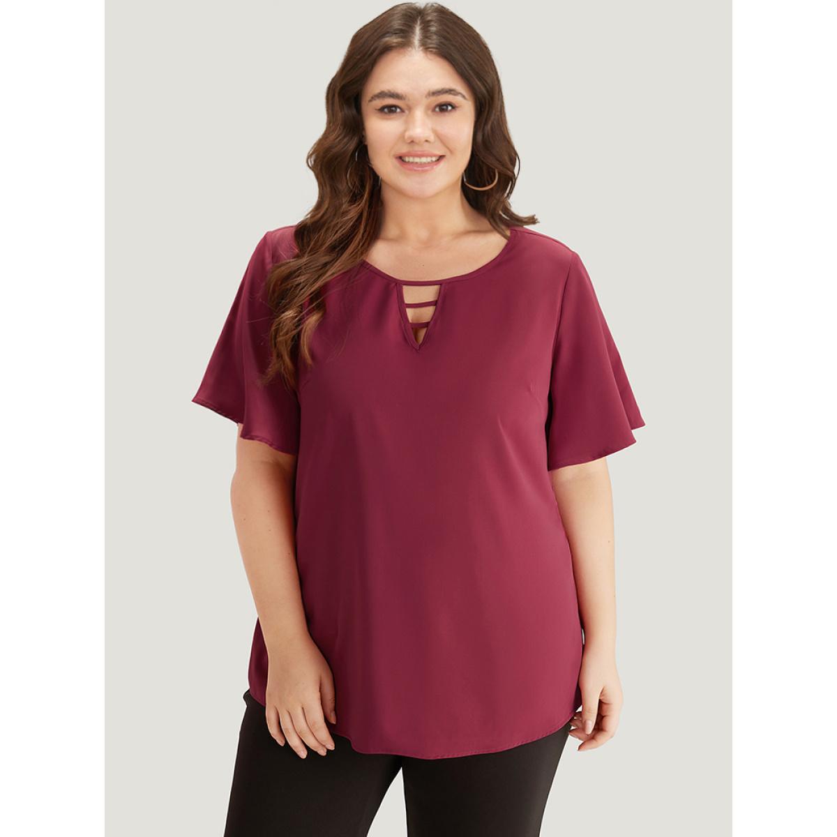 Plus Size Indigo Plain Ruffle Sleeve Cut Out Blouse Women Office Short sleeve Keyhole Cut-Out Office Blouses BloomChic 12/L Product Image