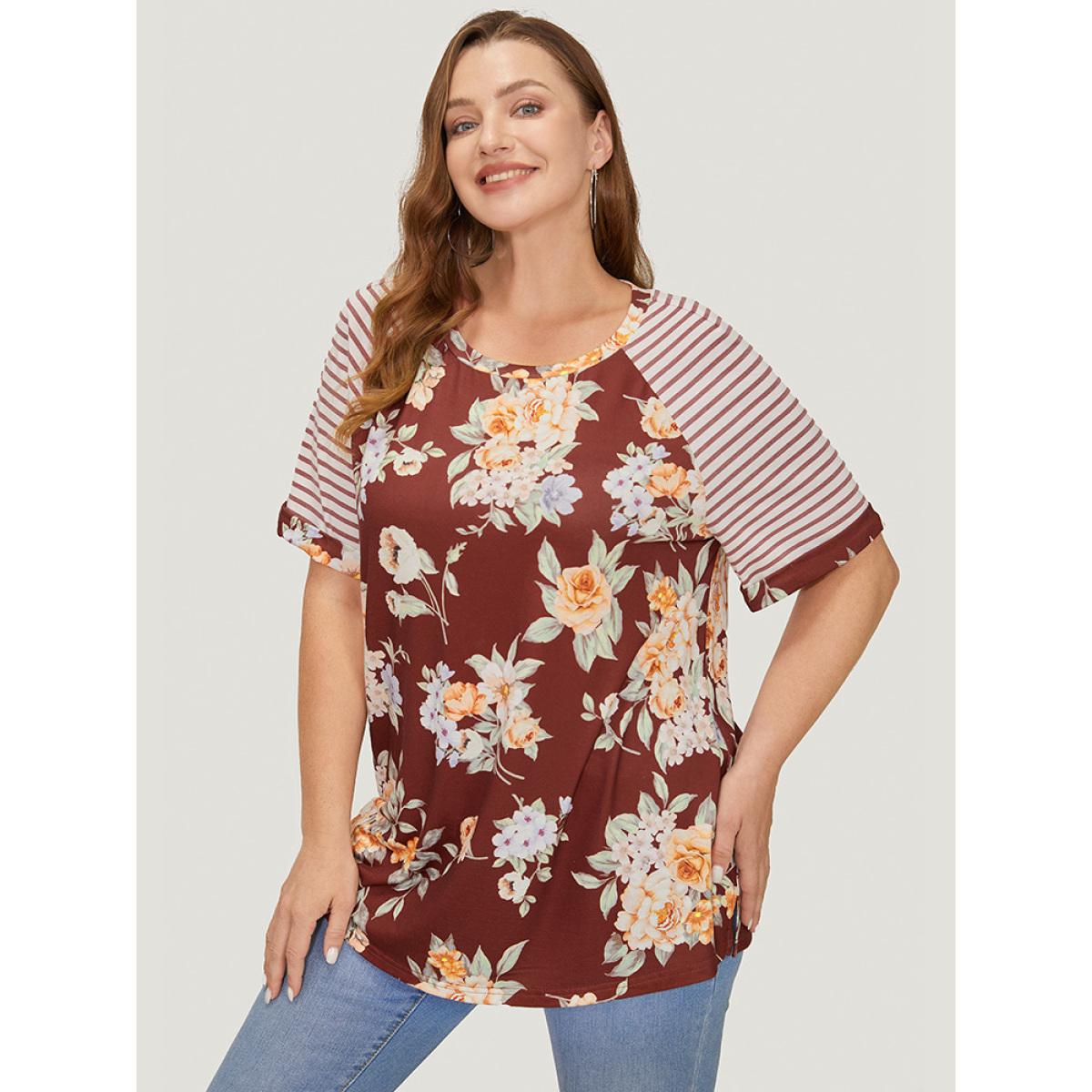 Plus Size Floral & Striped Print Patchwork Roll Raglan Sleeve T-shirt Burgundy Women Elegant Patchwork Striped Round Neck Dailywear T-shirts BloomChic 18-20/2X Product Image