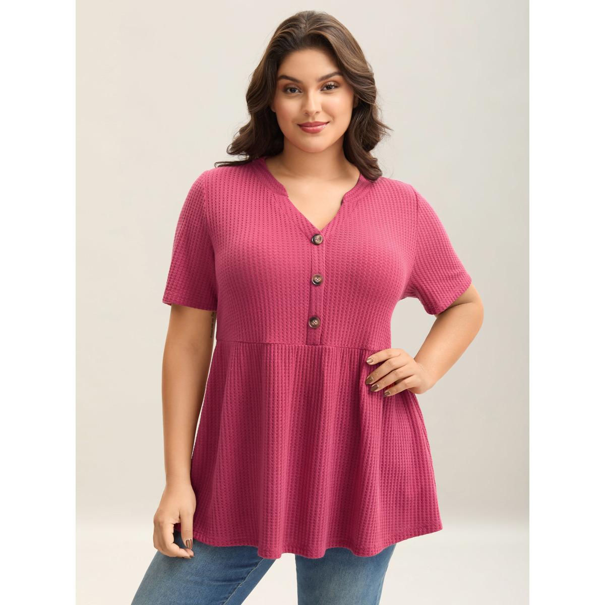 Plus Size Textured Notched Neck Button Plain T-Shirt Peach Women Leisure Texture Notched collar Bodycon Casual T-shirts BloomChic 28/5X Product Image