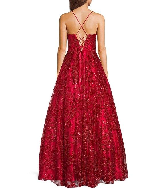 Blondie Nites Glitter Pattern V-Neck Spaghetti Straps Corset Tie-Back Gown Product Image