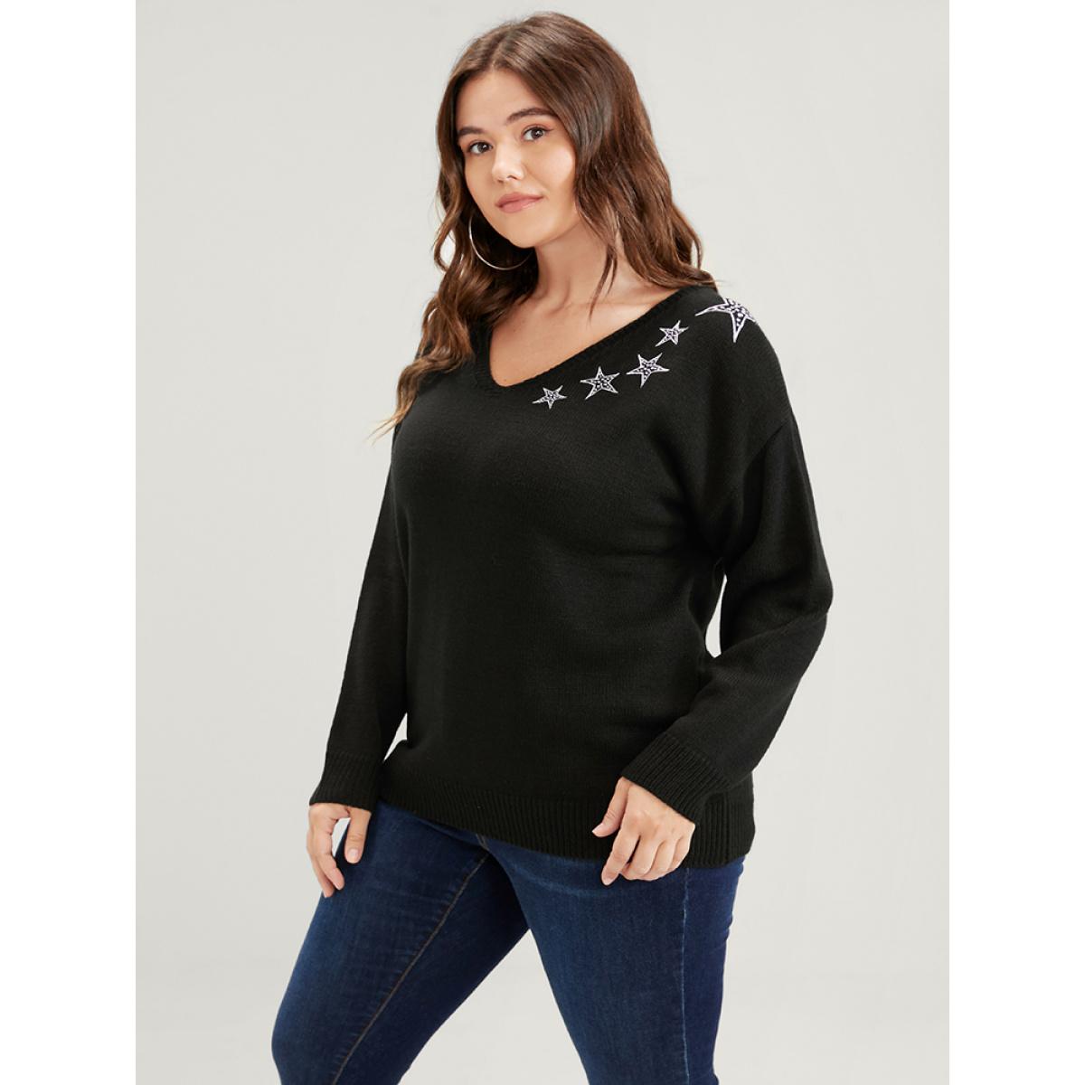 Plus Size Star Embroidered Pointelle Knit V Neck Knit Top Black Women Casual Long Sleeve V-neck Dailywear Pullovers BloomChic 18-20/2X Product Image