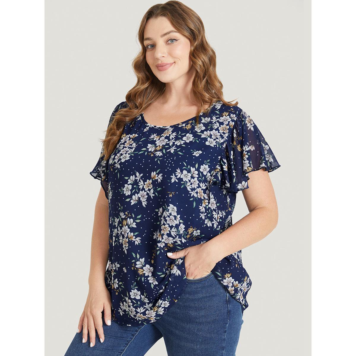 Plus Size Indigo Floral Printed Ruffle Sleeve Round Neck Blouse Women Elegant Short sleeve Round Neck Dailywear Blouses BloomChic 26/4X Product Image