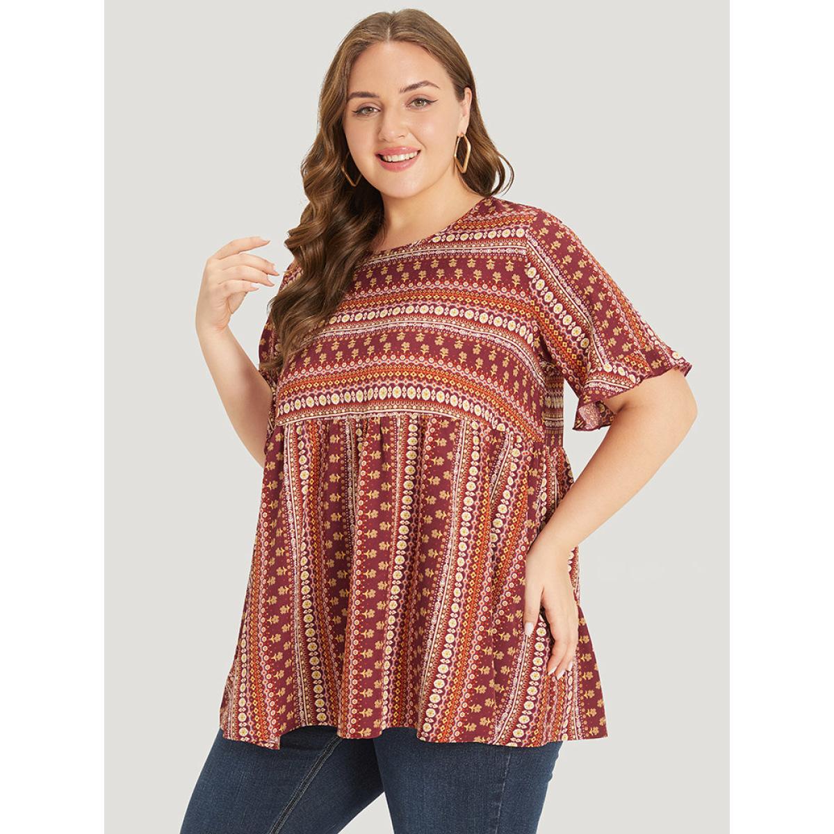 Plus Size Russet Bandana Patchwork Ruffle Sleeve Blouse Women Vacation Short sleeve Round Neck Dailywear Blouses BloomChic 10/M Product Image
