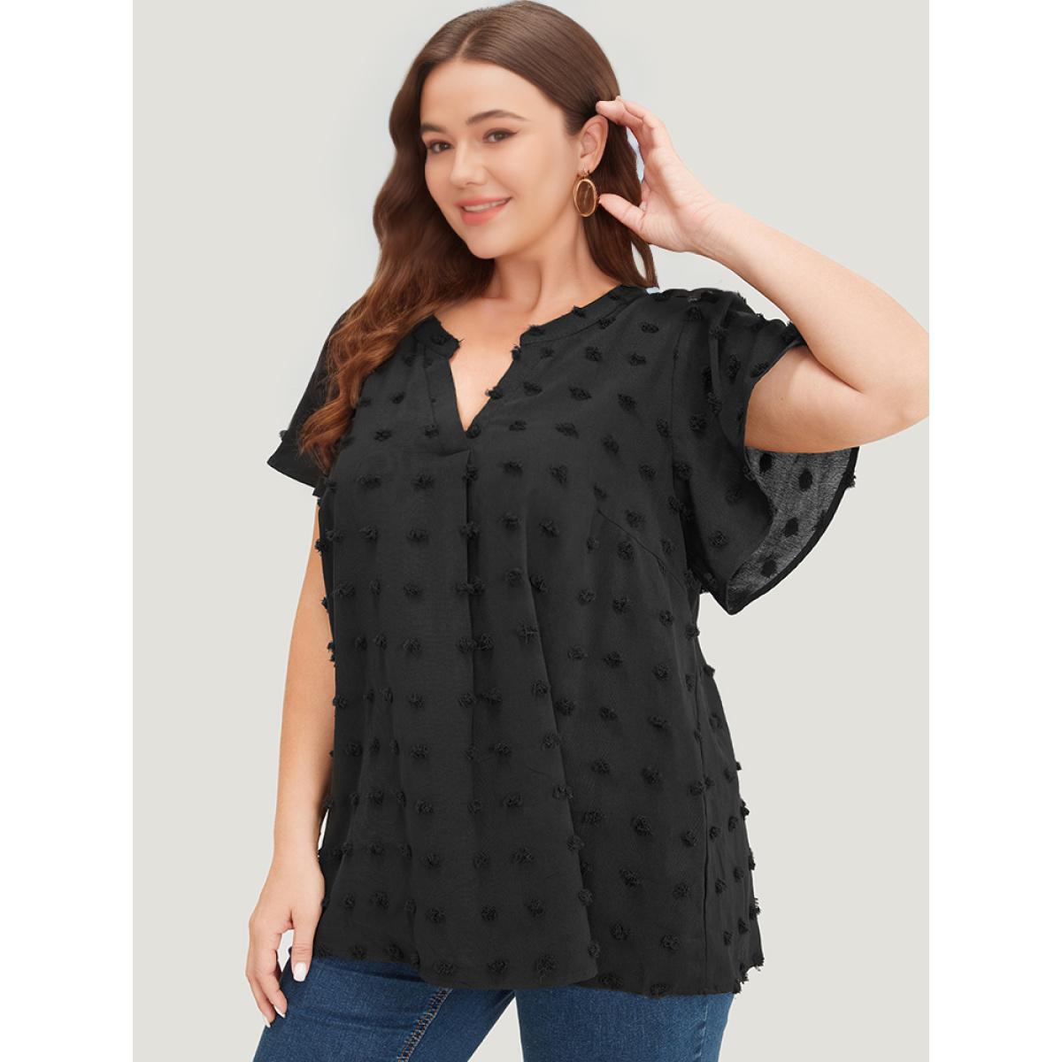 Plus Size Black Polka Dot Notched Neck Flutter Sleeve Blouse Women Office Short sleeve Notched collar Dailywear Blouses BloomChic 14-16/1X Product Image