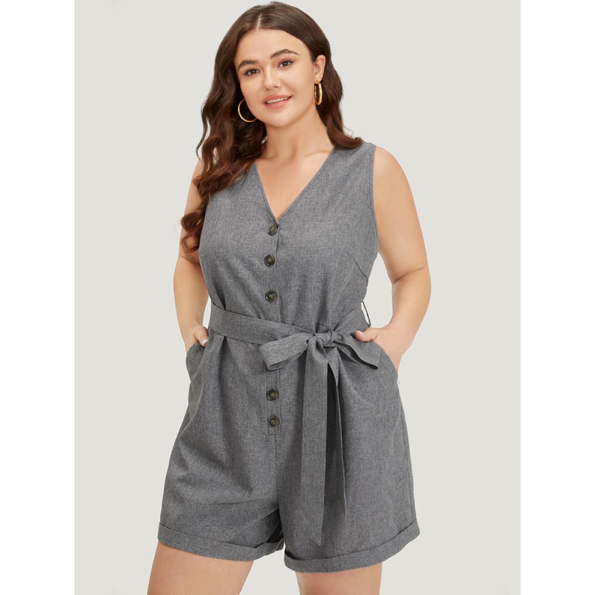 Plus Size DimGray Plain Belted Button Through Roll Hem Tank Jumpsuit Women Office Sleeveless V-neck Work Loose Jumpsuits BloomChic 14-16/1X Product Image