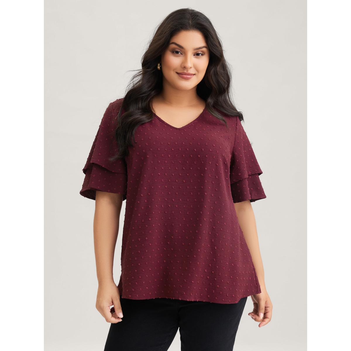 Plus Size Burgundy Plain Ruffle Tiered Sleeve V Neck Polka Dot Blouse Women Timeless Short sleeve V-neck Elegant Blouses BloomChic 30/6X Product Image