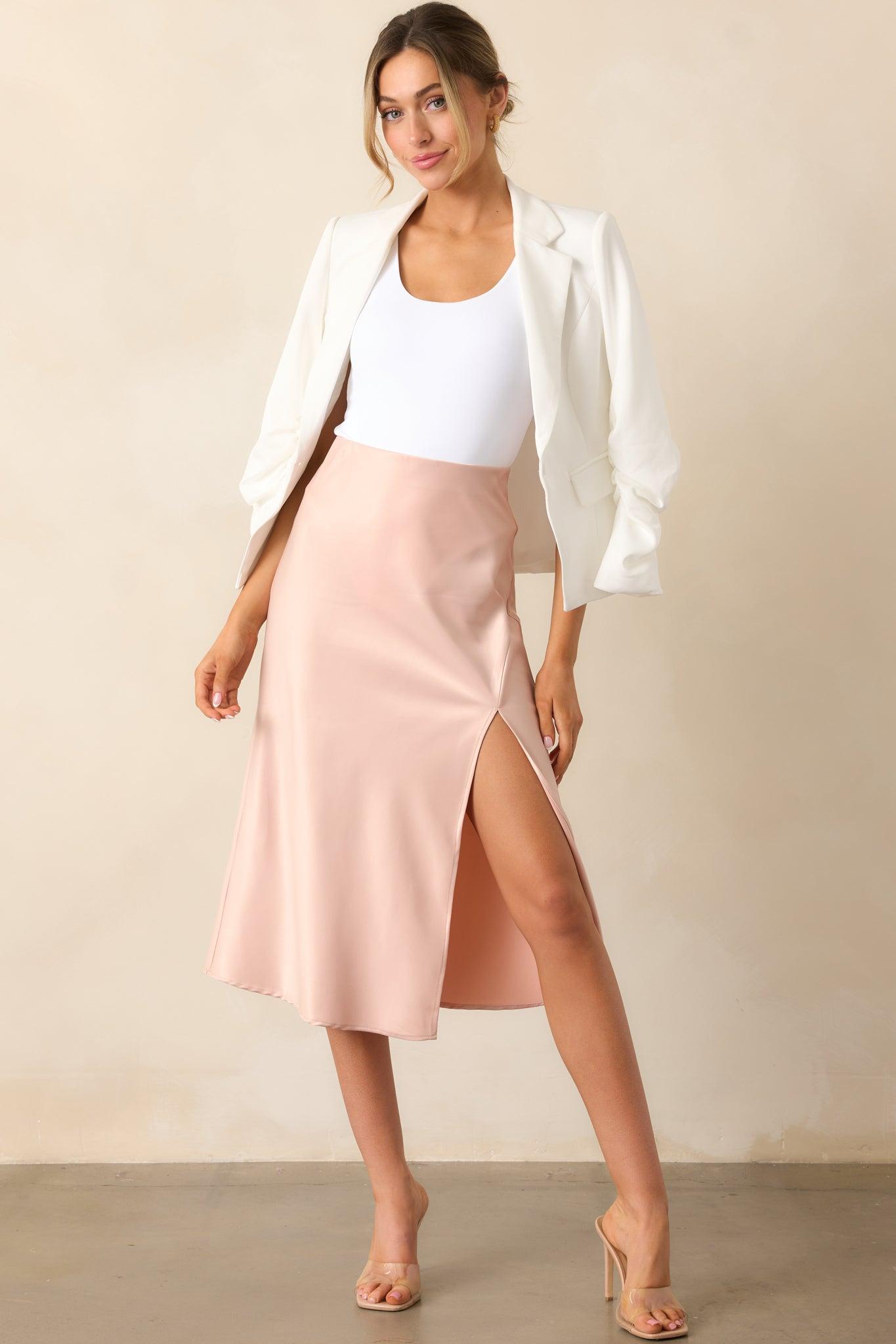 Park Avenue Glam Blush Pink Satin Midi Skirt Product Image