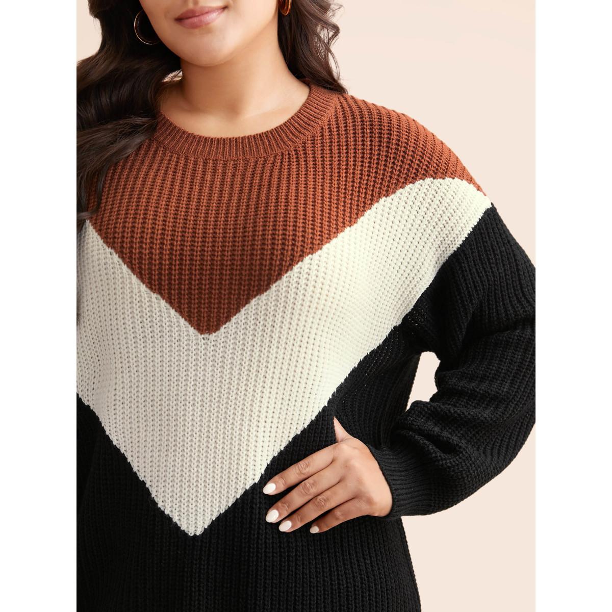 Plus Size Colorblock Contrast Lantern Sleeve Pullover Yellowishbrown Women Casual Loose Long Sleeve Round Neck Everyday Pullovers BloomChic 28/5X Product Image