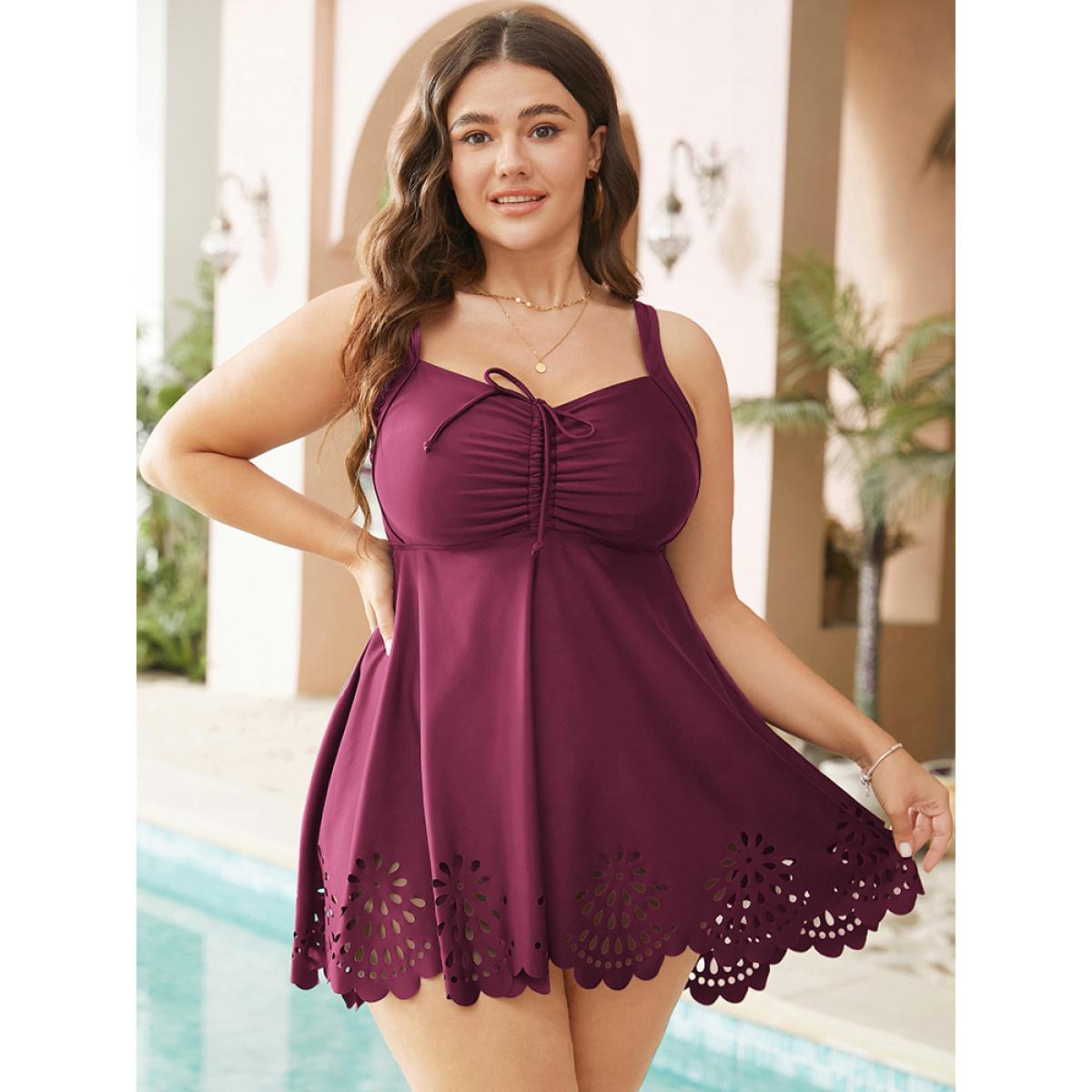 Plus Size Laser Cut Ruched Drawstring A Line Swim Dress Women's Swimwear Black Resort Bodycon Heart neckline High stretch Curve Swim Dresses BloomChic 18-20/2X Product Image