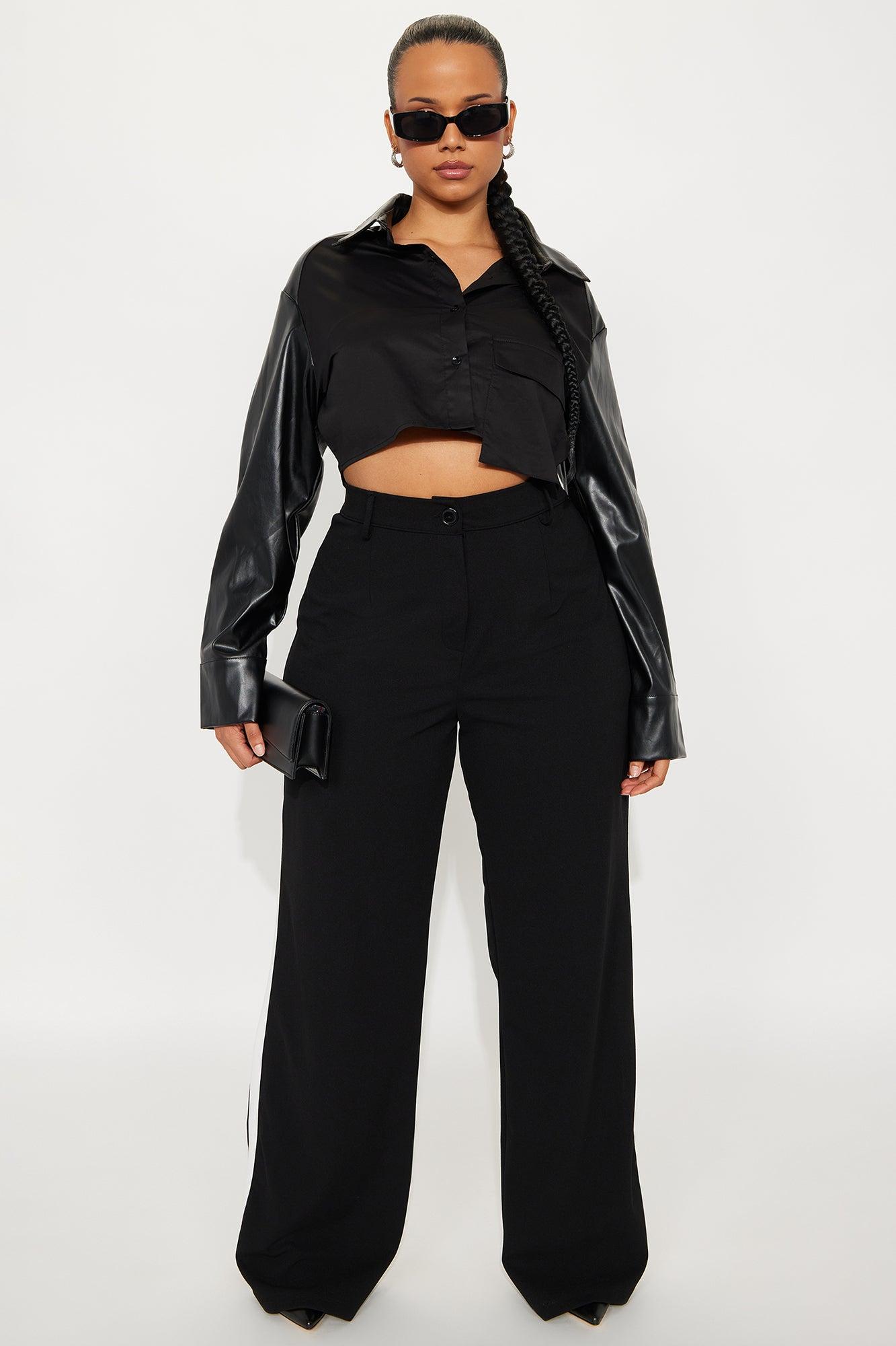 Hey Way Poplin Contrast Faux Leather Shirt - Black Female Product Image