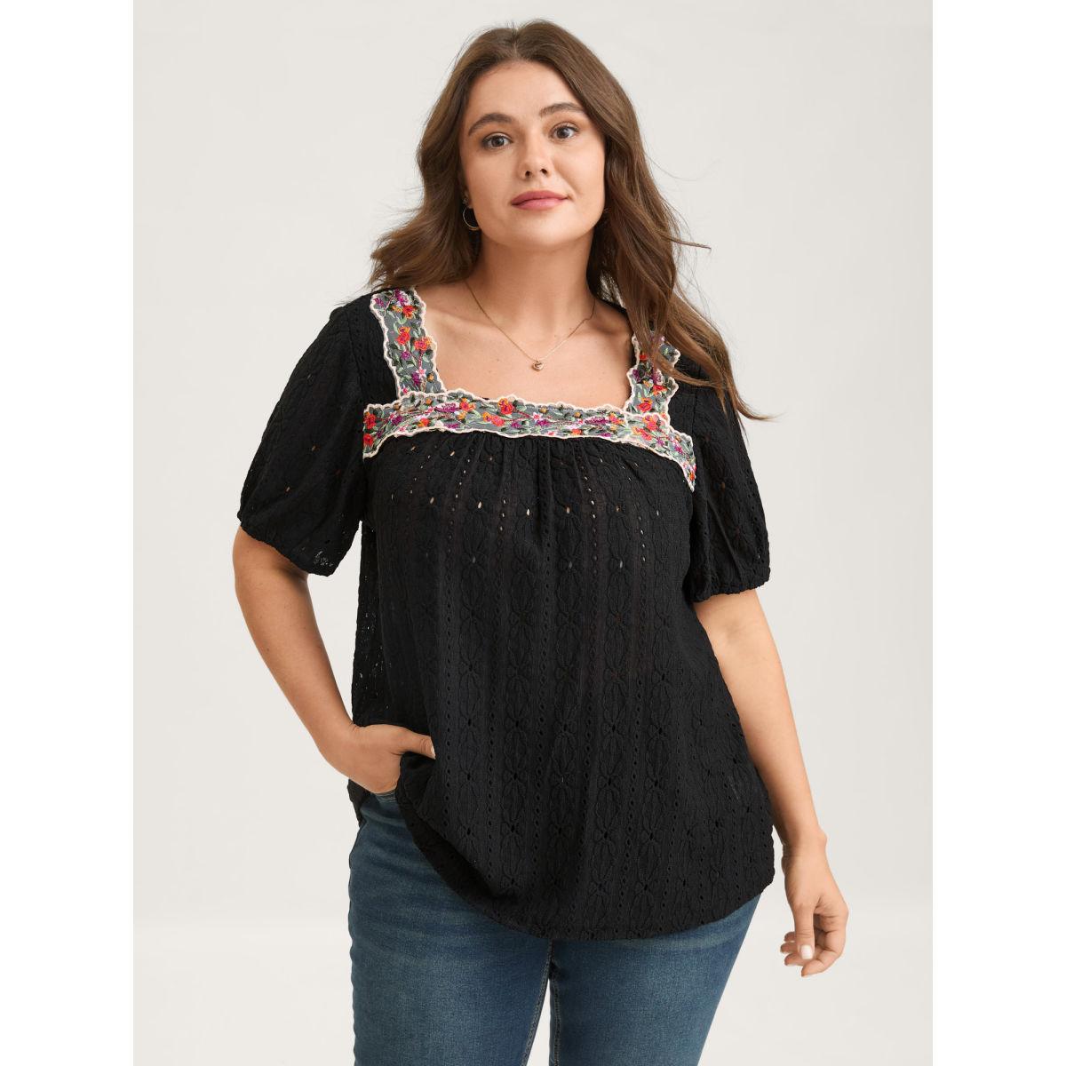Plus Size Eyelet Trim Floral Embroidered Solid T-Shirt Black Women Romantic Woven ribbon&lace trim Square Neck Elegant T-shirts BloomChic 18-20/2X Product Image
