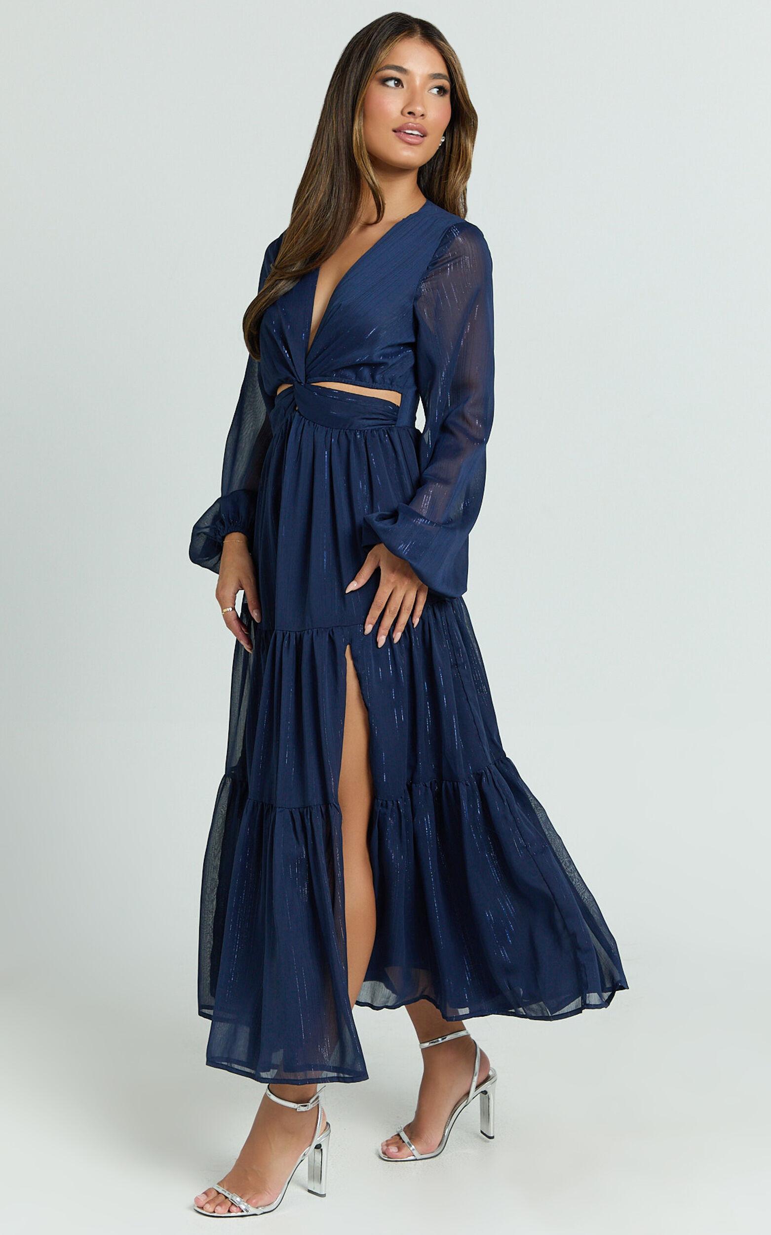 Edelyn Midi Dress - Cut Out Balloon Sleeve Tiered Dress in Navy Product Image