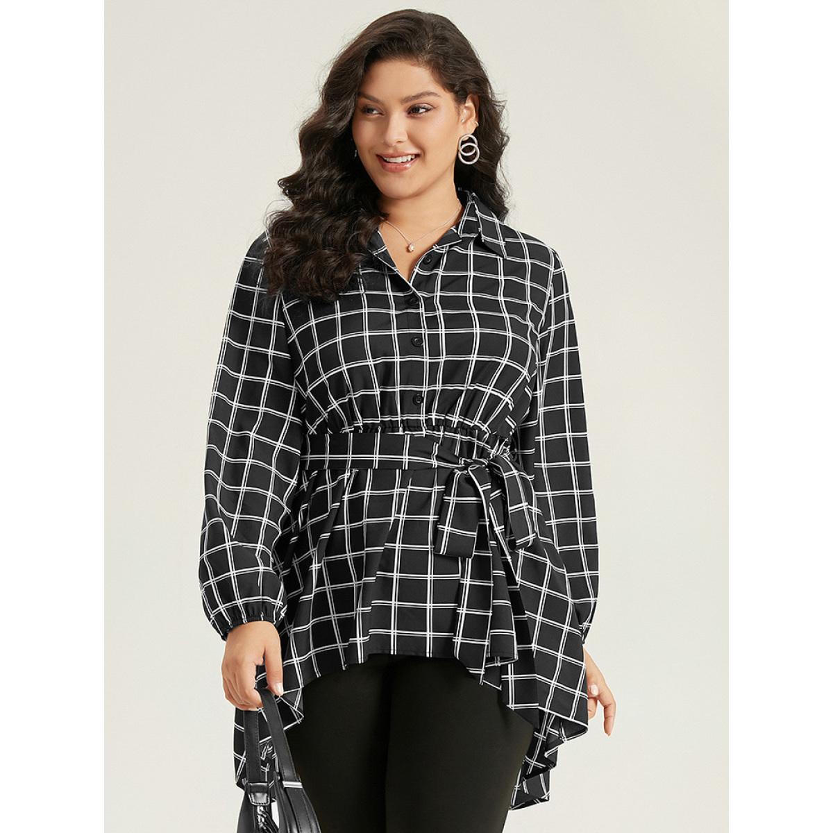 Plus Size Black Plaid Button Up Belted High Low Hem Blouse Women Office Long Sleeve Shirt collar Office Blouses BloomChic 22-24/3X Product Image