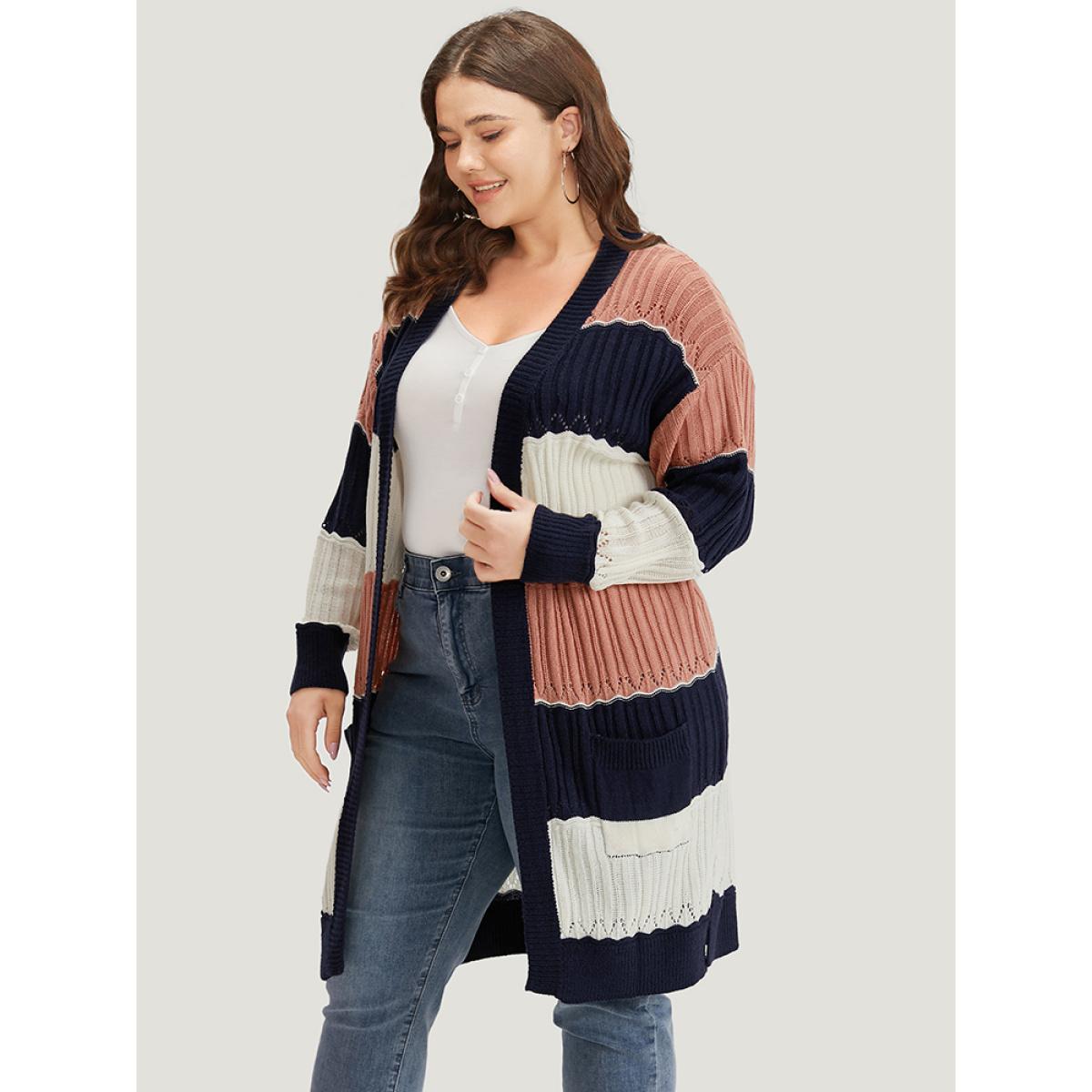 Plus Size Colorblock Contrast Eyelet Open Front Cardigan Multicolor Women Casual Loose Long Sleeve Dailywear Cardigans BloomChic 14-16/1X Product Image