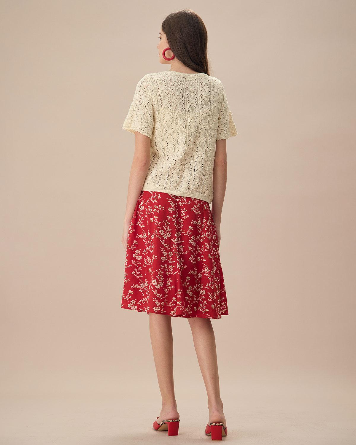 The Beige V Neck Pointelle Button Knit Cardigan Product Image