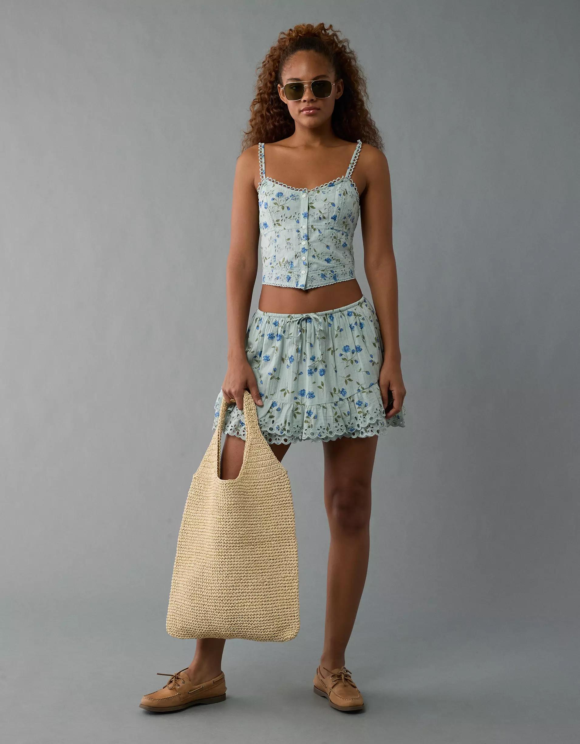 AE High-Waisted Embroidered Ruffle Mini Skirt Product Image