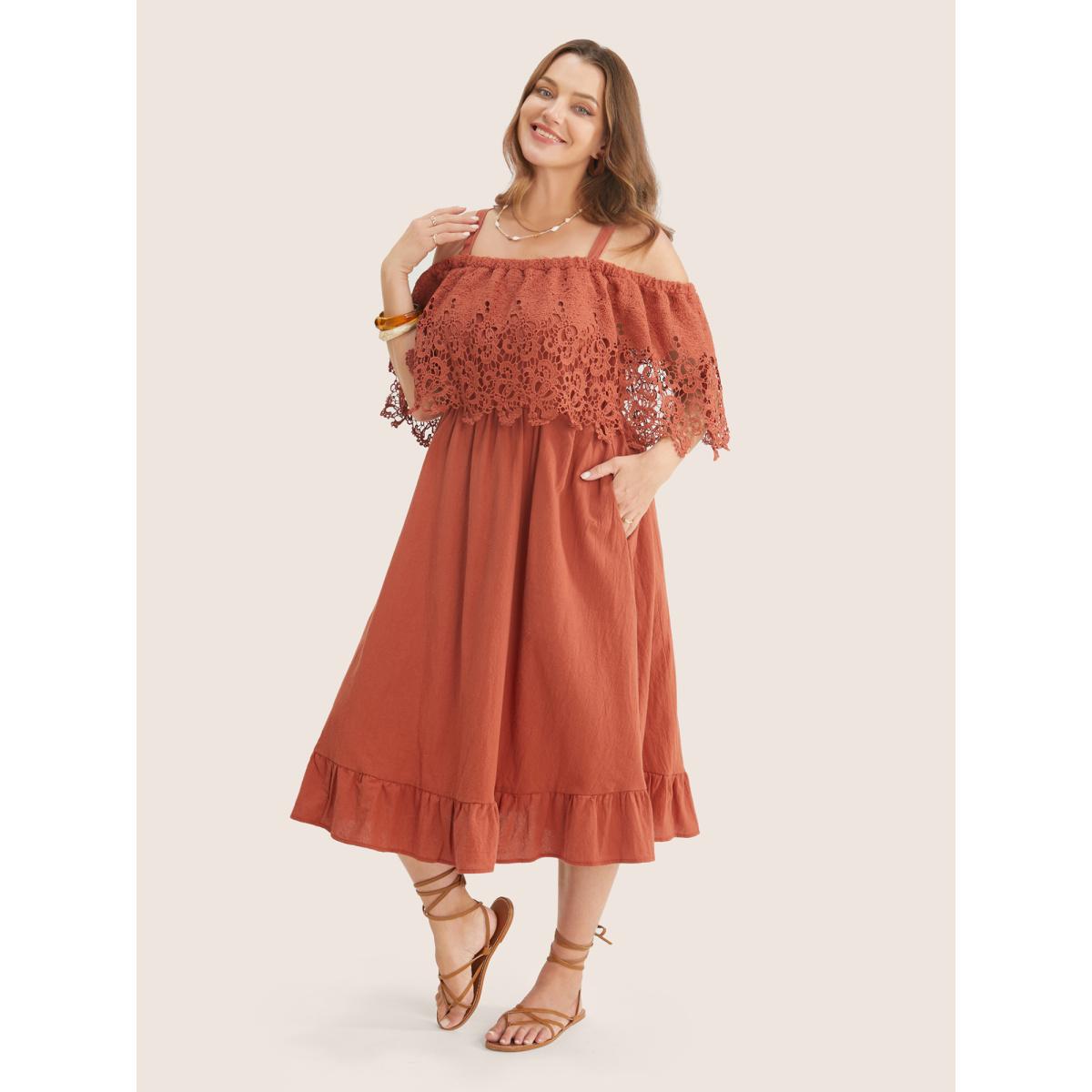 Plus Size Solid Cold Shoulder Contrast Lace Pocket Ruffle Hem Dress Chocolate Women Resort Broderie anglaise Non Short sleeve Curvy Midi Dress BloomChic 28/5X Product Image