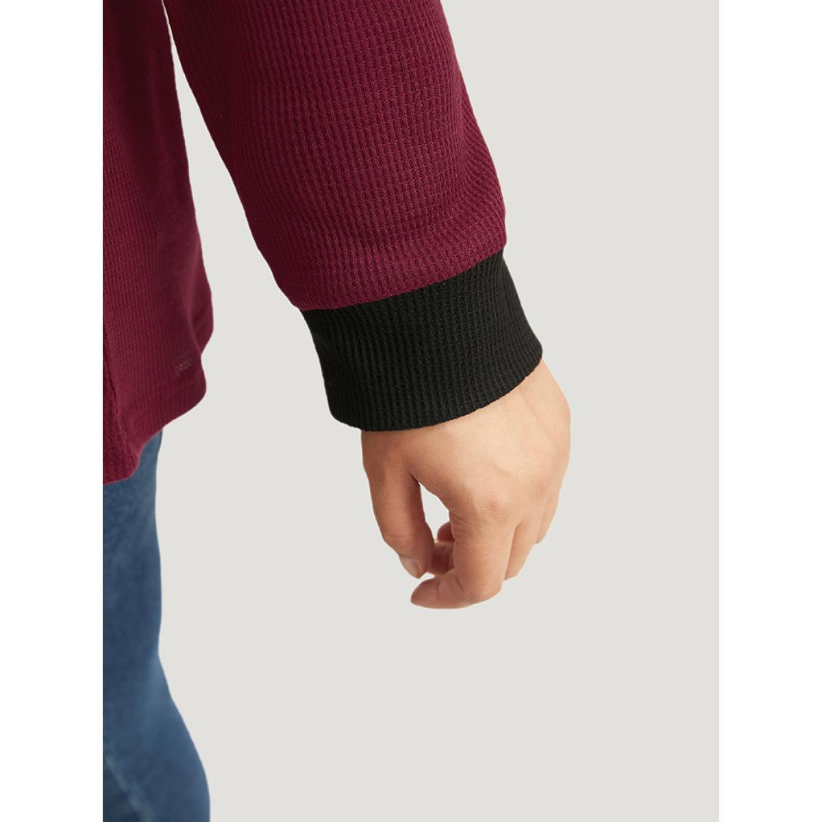 Plus Size Waffle Knit Two Tone Raglan Sleeve T-shirt Burgundy Women Casual Elastic cuffs Plain Open Front Dailywear T-shirts BloomChic 18-20/2X Product Image