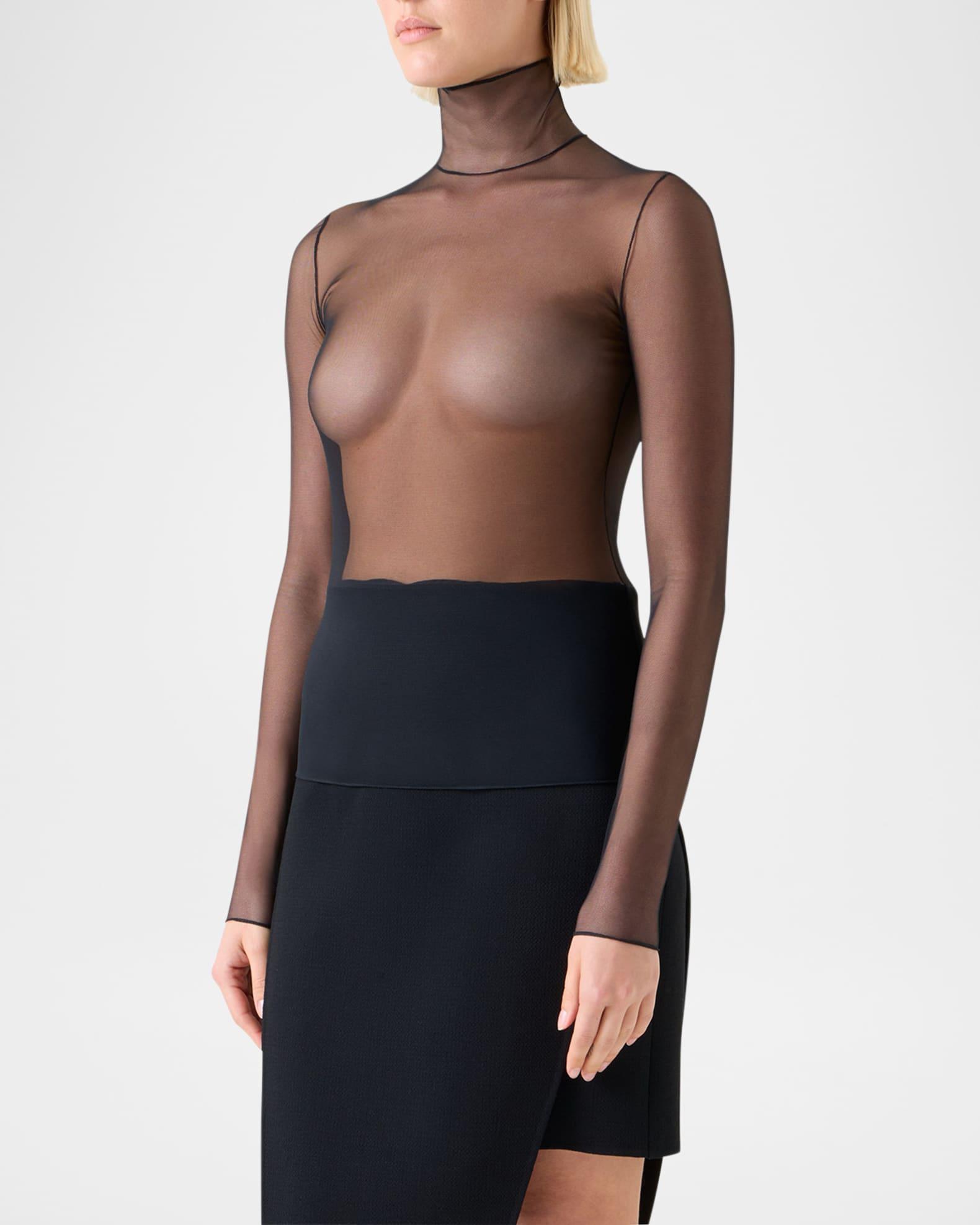 Mock-Neck Stretch Tulle Fitted Long-Sleeve Shirt Product Image