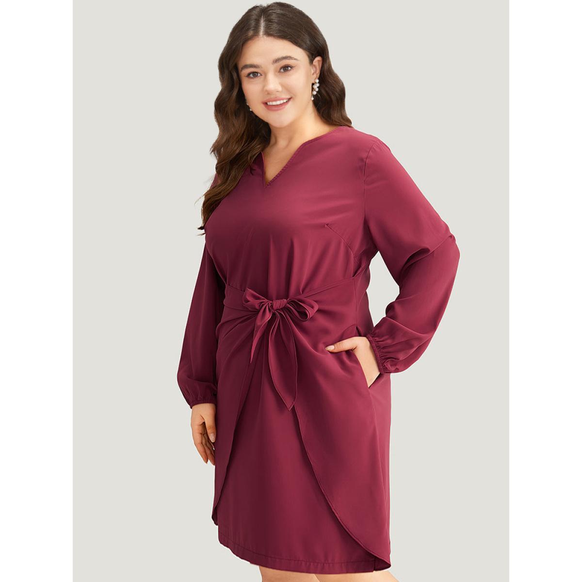 Plus Size Anti-Wrinkle Solid Ties Lantern Sleeve Dress Scarlet Women Office Elastic cuffs Notched collar Long Sleeve Curvy Knee Dress BloomChic 30/6X Product Image