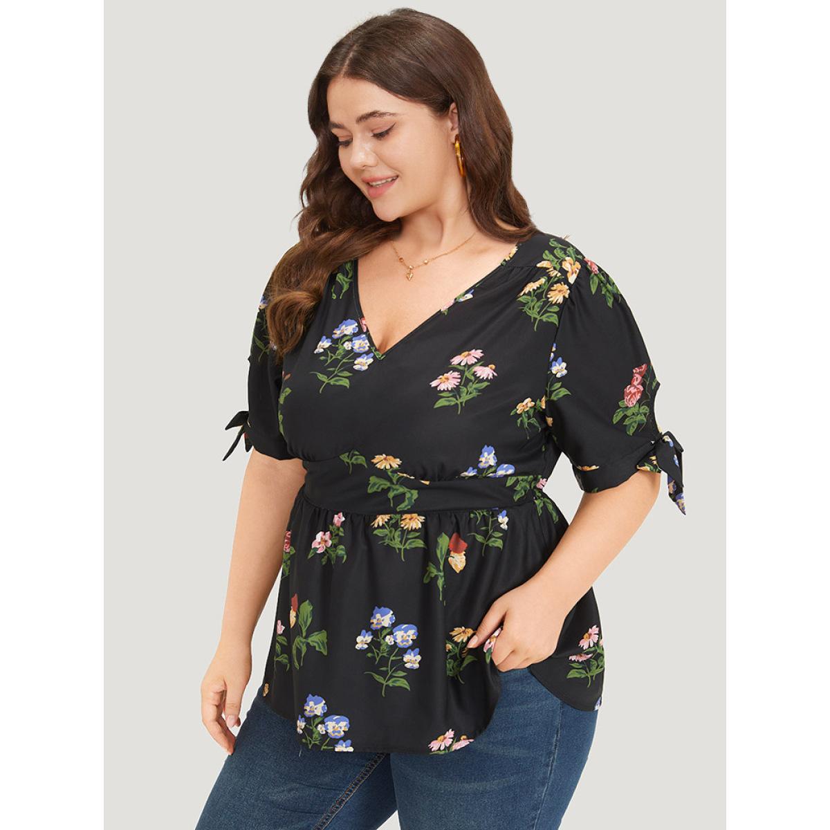 Plus Size Black Floral Print Knot Gathered Elastic Waist Blouse Women Elegant Short sleeve V-neck Dailywear Blouses BloomChic 10/M Product Image