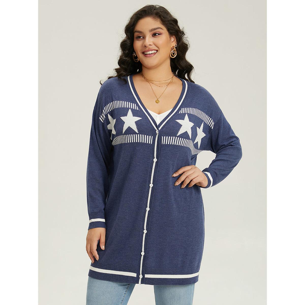 Plus Size Supersoft Essentials Star Contrast Trim Button Through Cardigan Aegean Women Casual Loose Long Sleeve Dailywear Cardigans BloomChic 30/6X Product Image