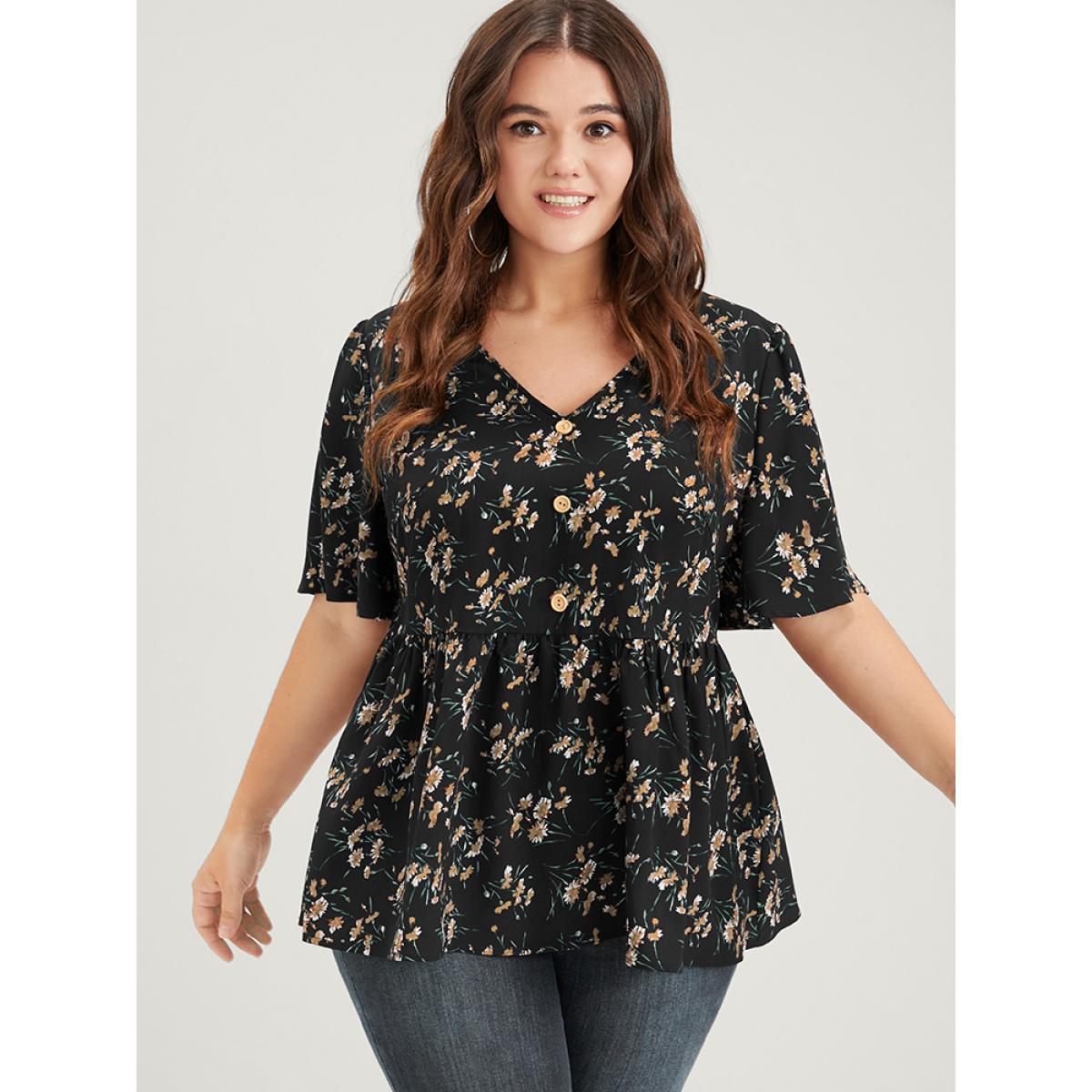 Plus Size Black Floral Elastic Waist V Neck Button Ruffles Blouse Women Elegant Half Sleeve V-neck Dailywear Blouses BloomChic 14-16/1X Product Image
