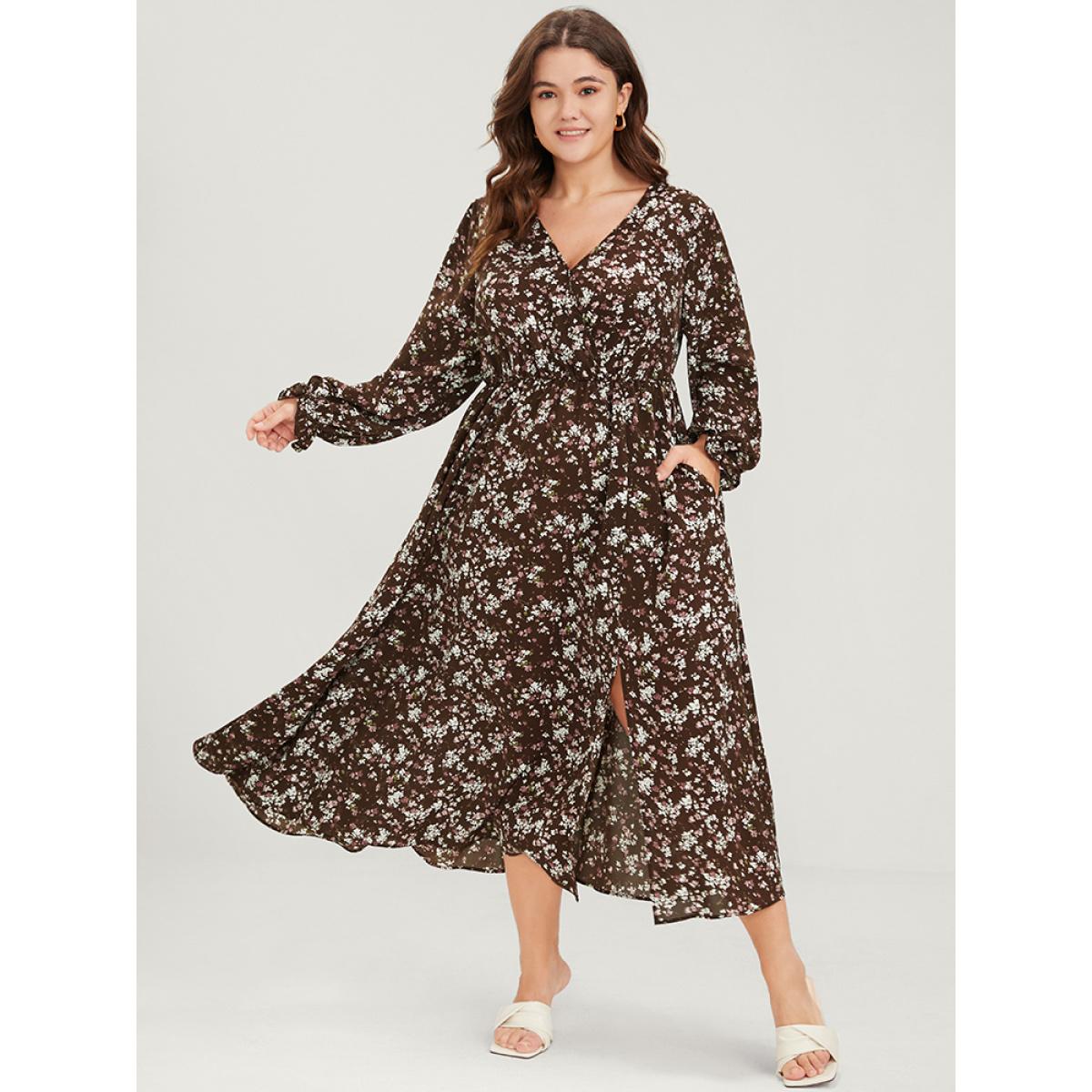 Plus Size Floral Split Pocket Lantern Sleeve Wrap Flutter Midi Dress DarkBrown Women Elegant Elastic Waist V-neck Long Sleeve Curvy Midi Dress BloomChic 30/6X Product Image