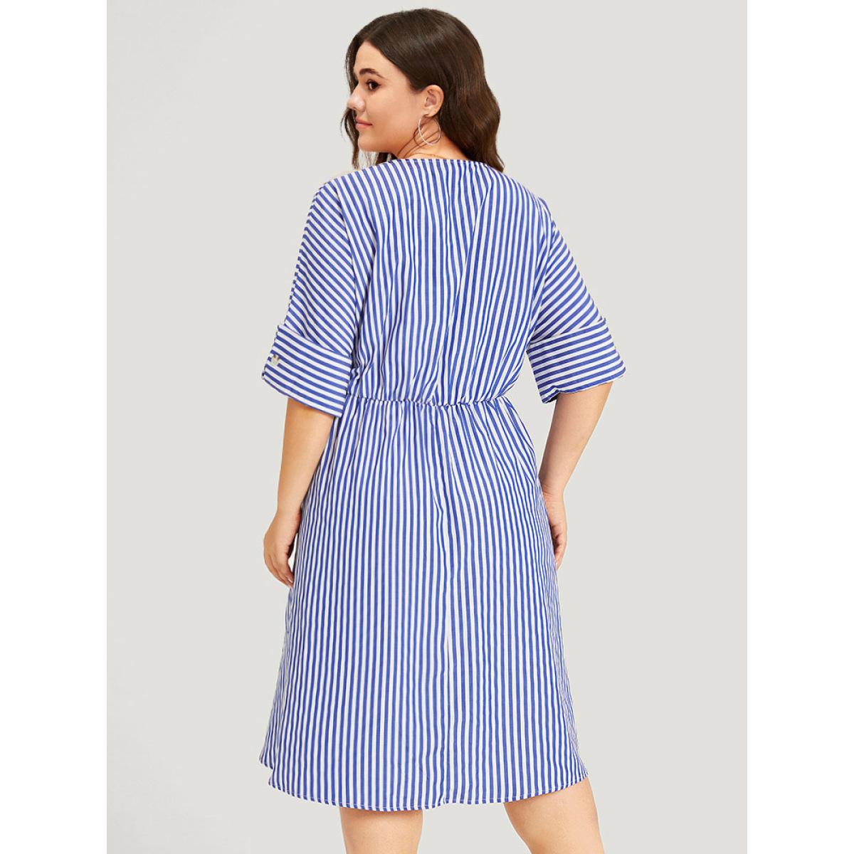 Plus Size V Neck Striped Pocket Ruffle Hem Button Detail Dress Blue Women Elegant Texture V-neck Half Sleeve Curvy Midi Dress BloomChic 18-20/2X Product Image